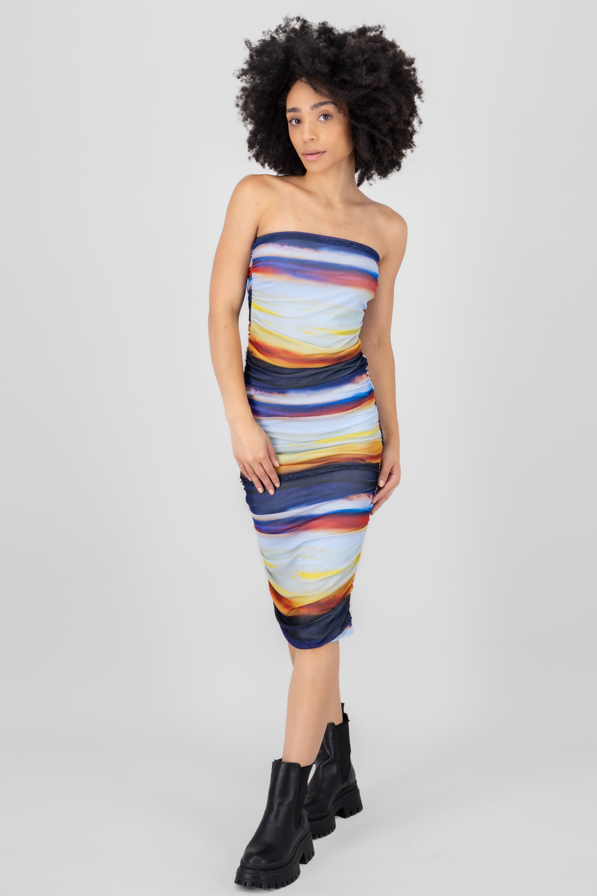 Mesh pleated strapless dress MULTICOLORED