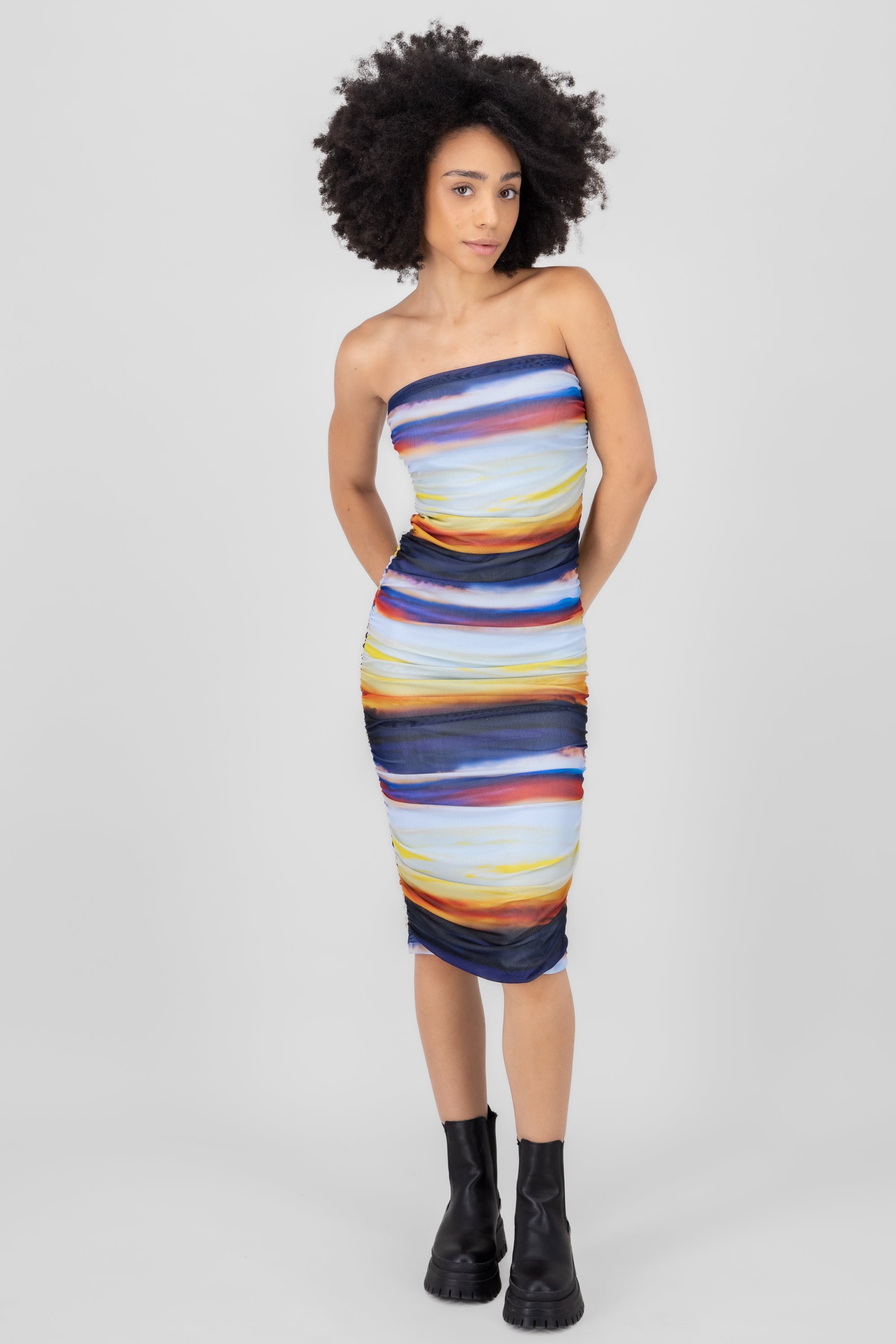 Mesh pleated strapless dress MULTICOLORED