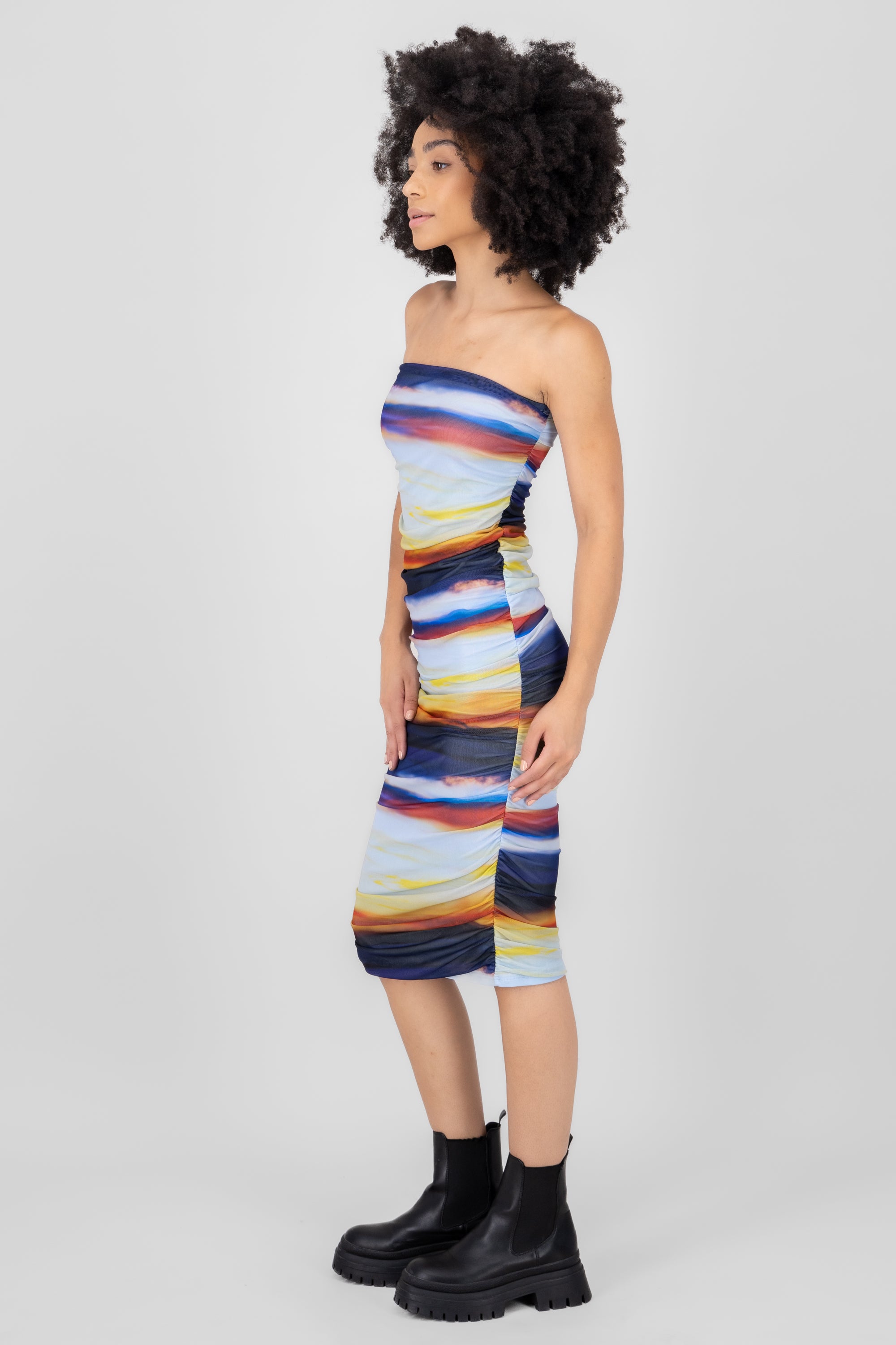 Mesh pleated strapless dress MULTICOLORED