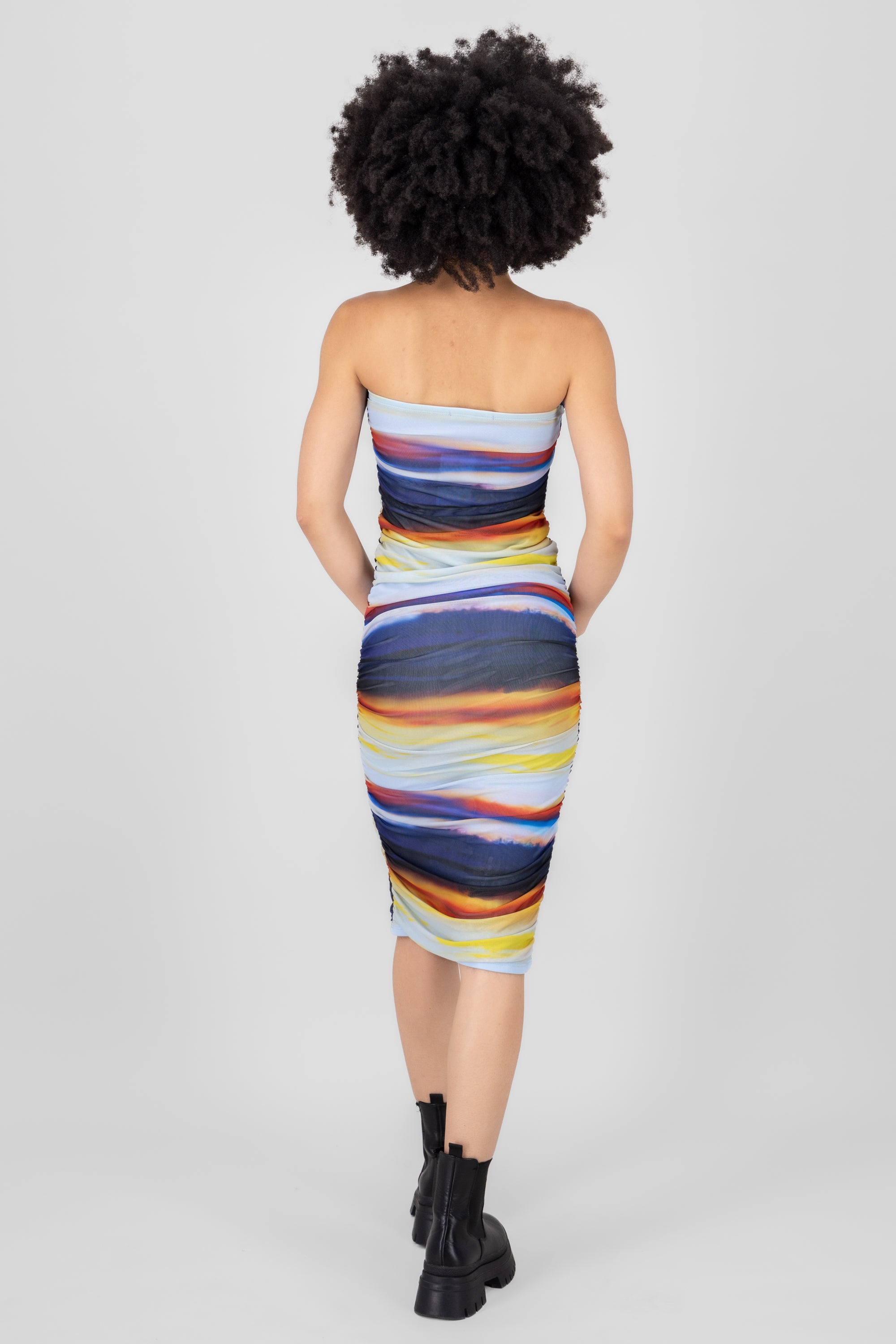 Mesh pleated strapless dress MULTICOLORED