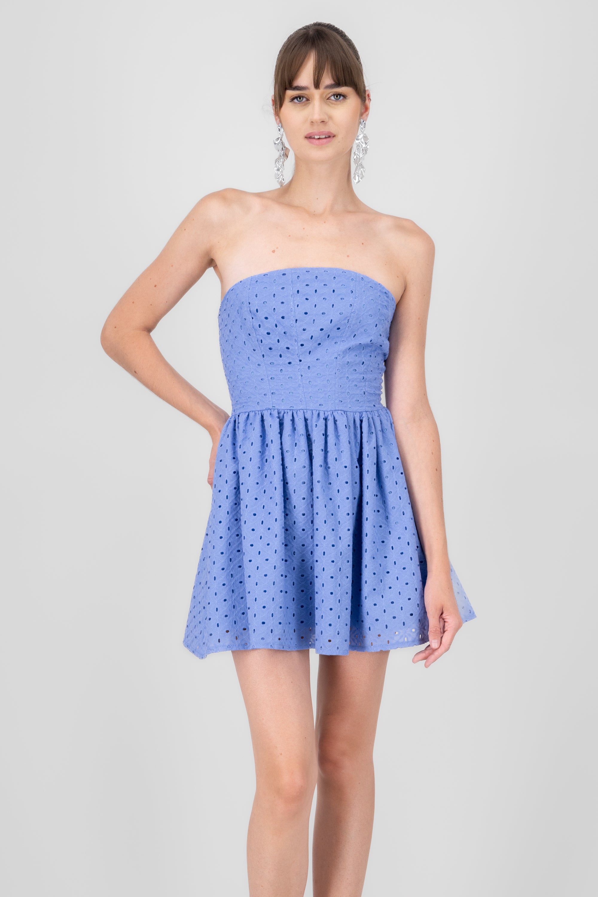 Strapless Swiss embroidery dress BLUE