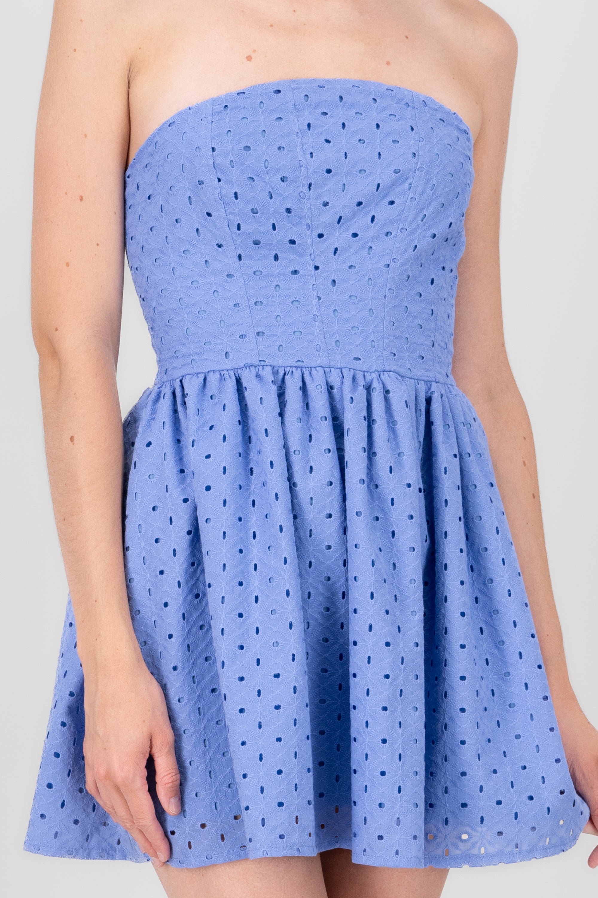 Strapless Swiss embroidery dress BLUE