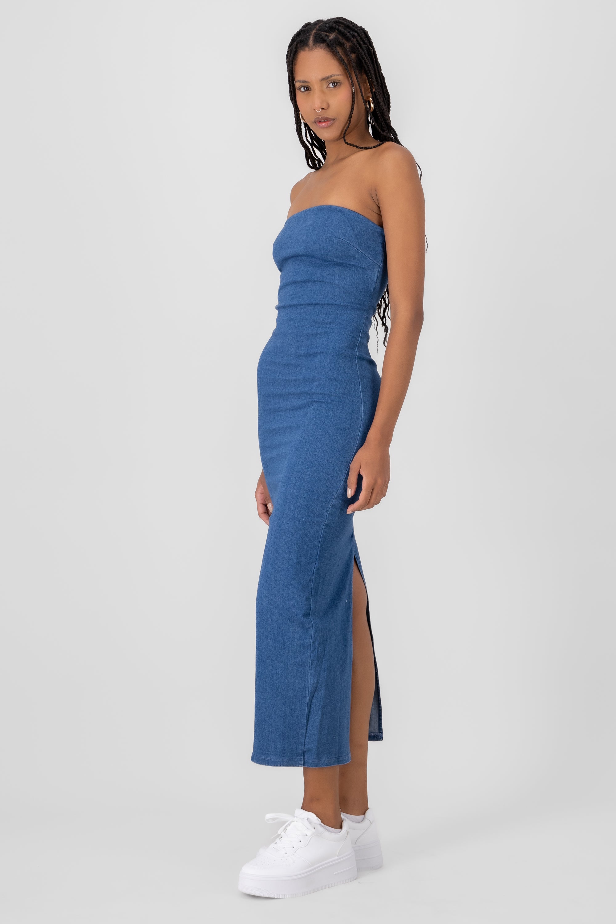 Denim Midi Strapless Dress Medium Wash