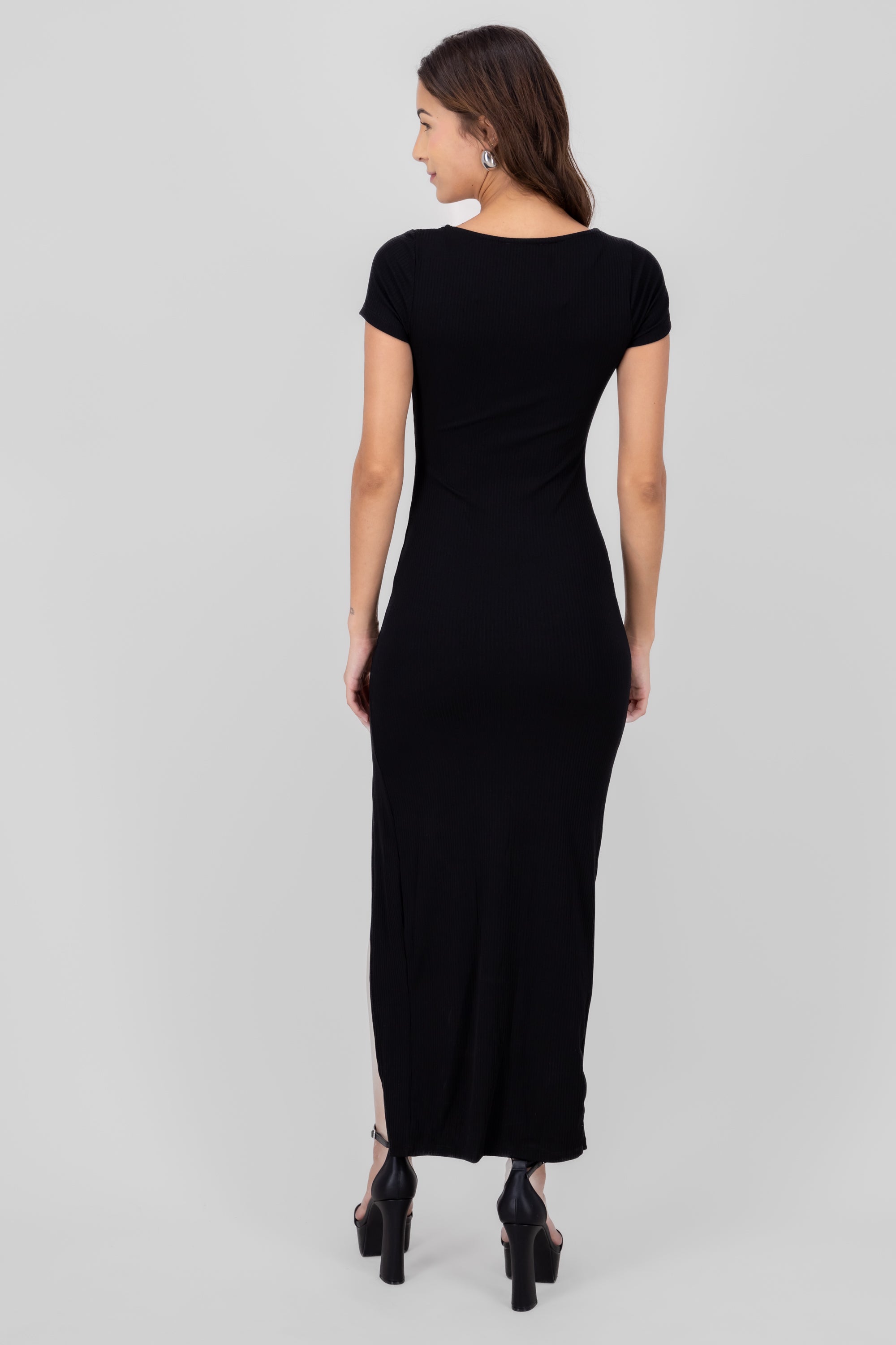 Maxi dress with smooth rib glasses BLACK