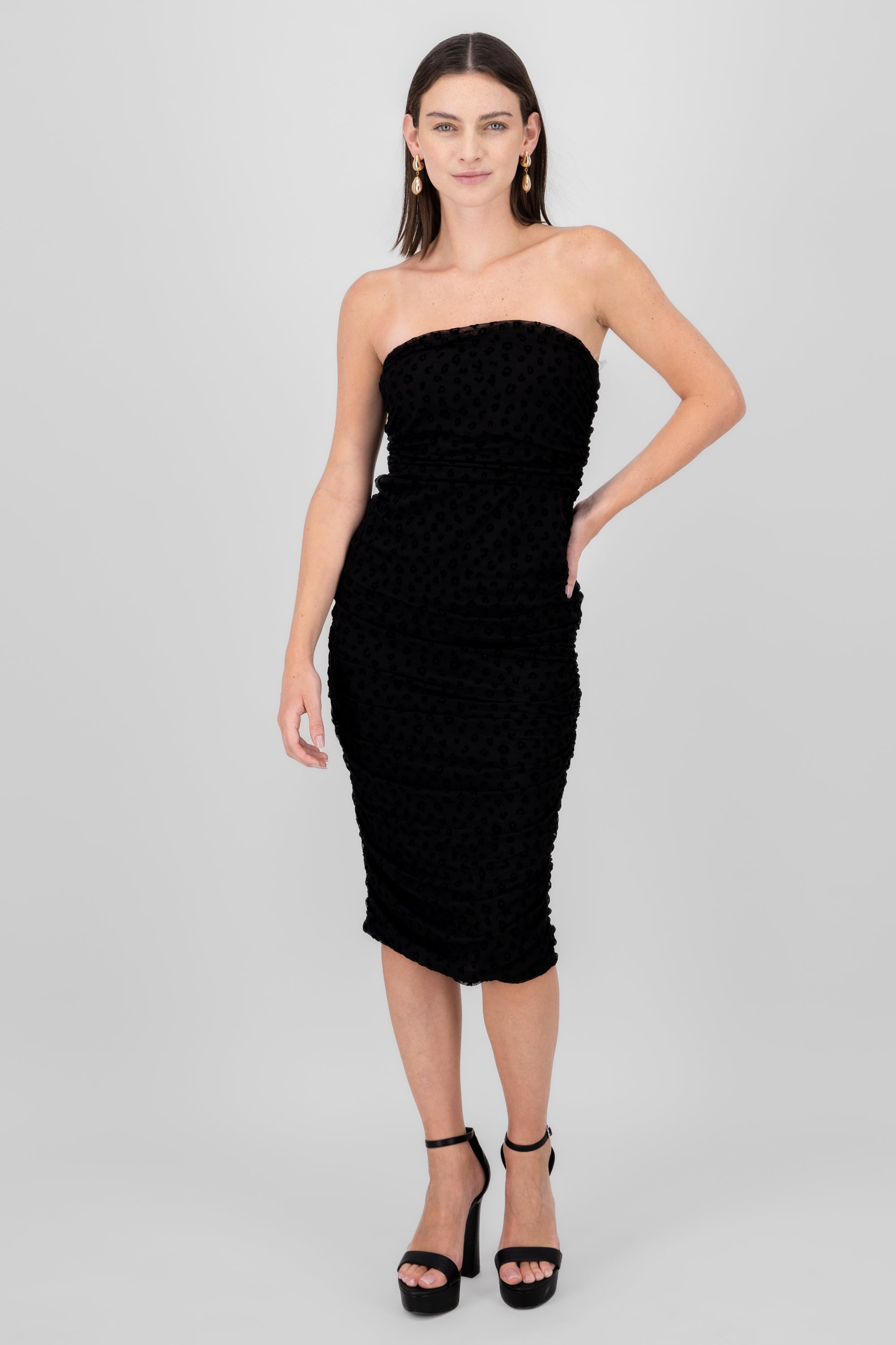 Vestido midi mesh drapeado NEGRO