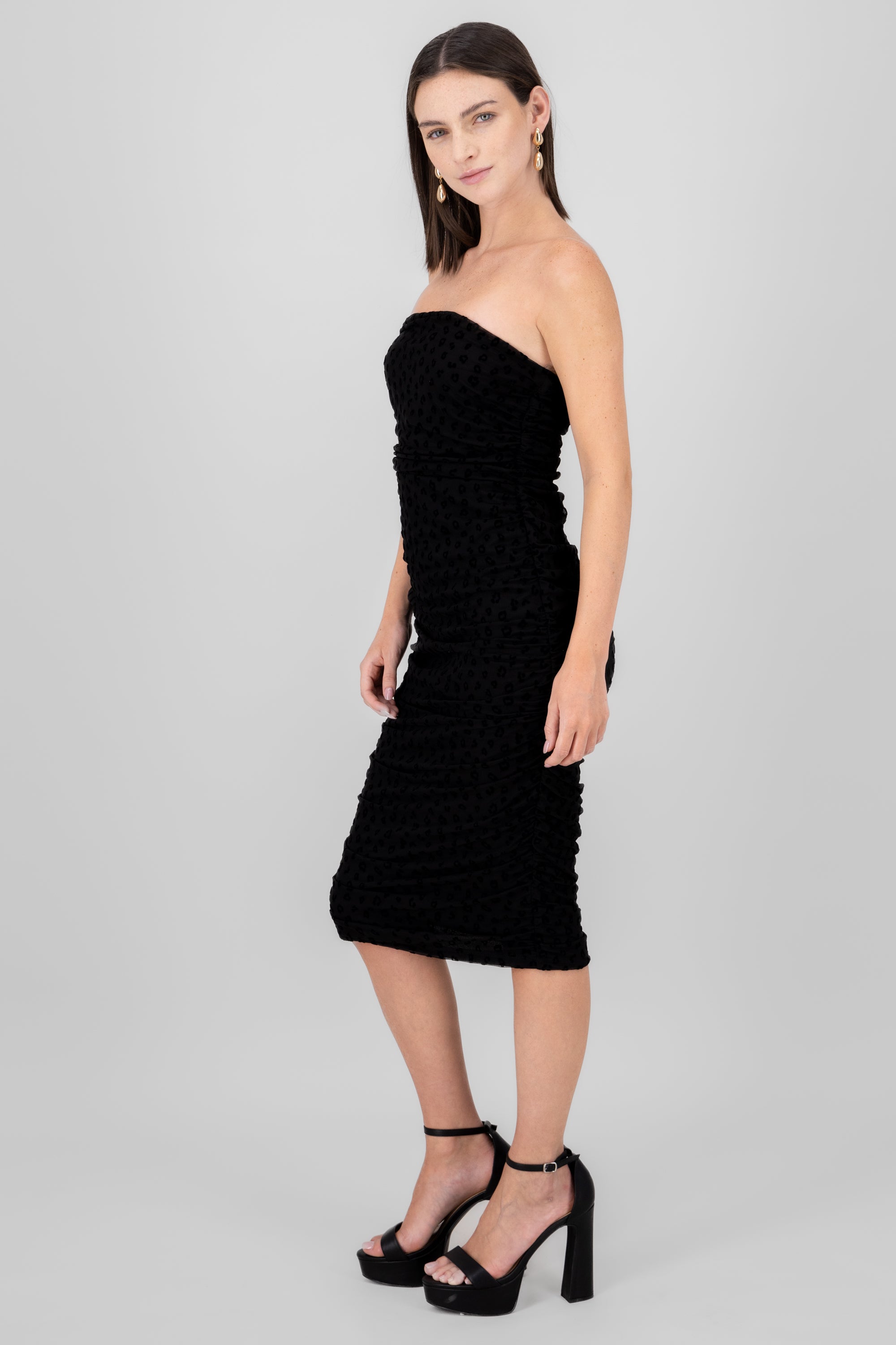 Vestido midi mesh drapeado NEGRO