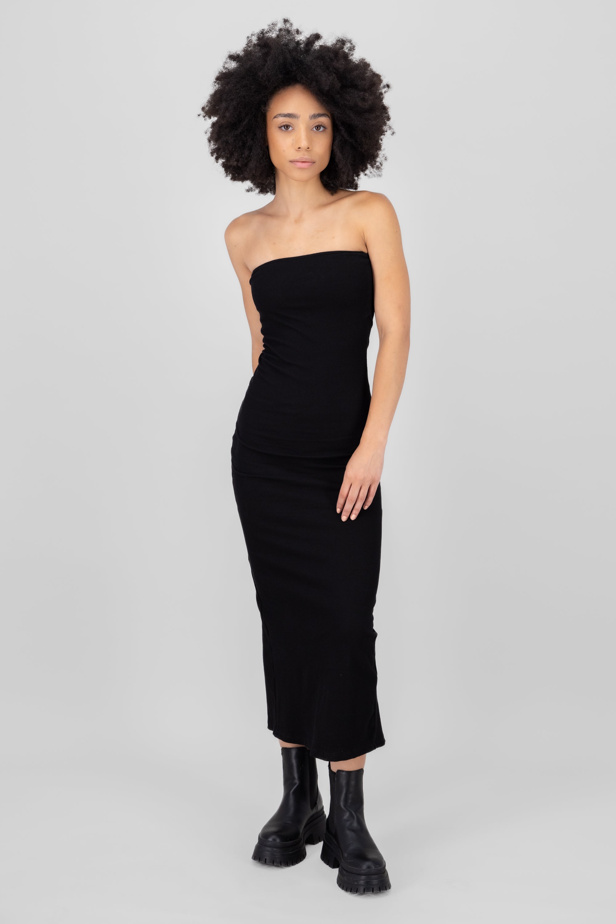 MIDI STRAPLES RIB DRESS BLACK