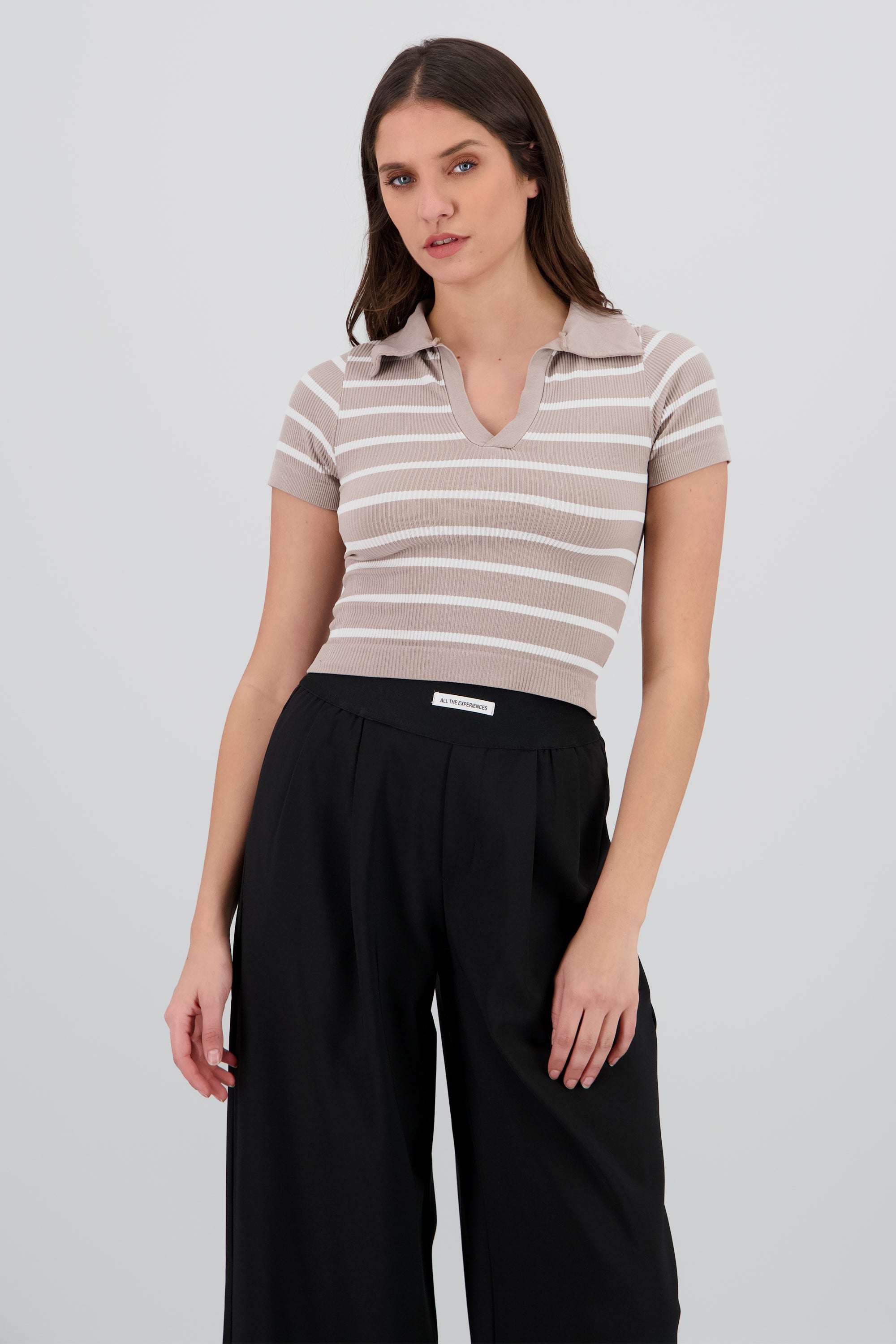 Top seamless rayas cuello polo KHAKI