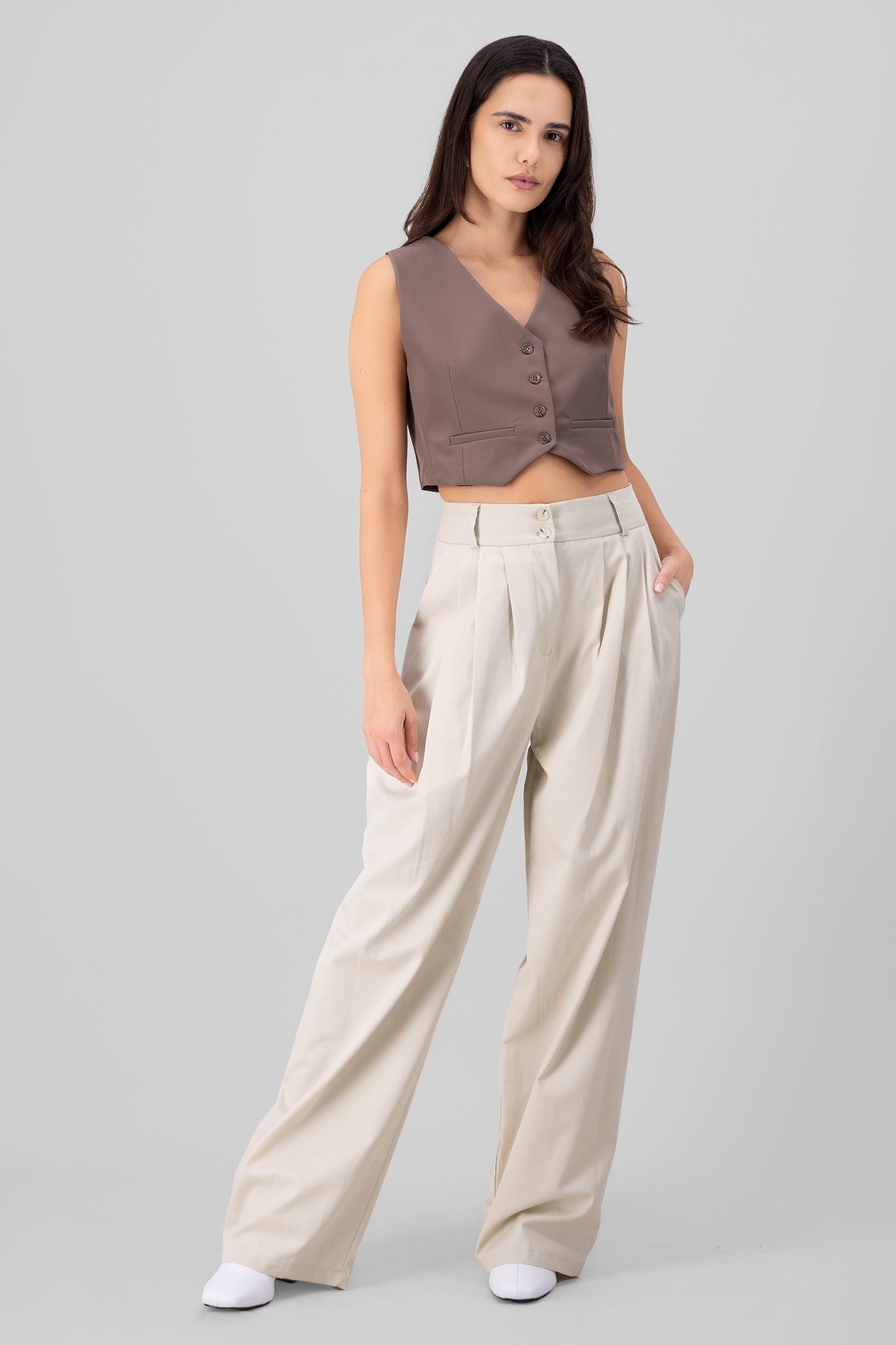 Pantalon con pinzas pretina ancha con 2 botones BEIGE