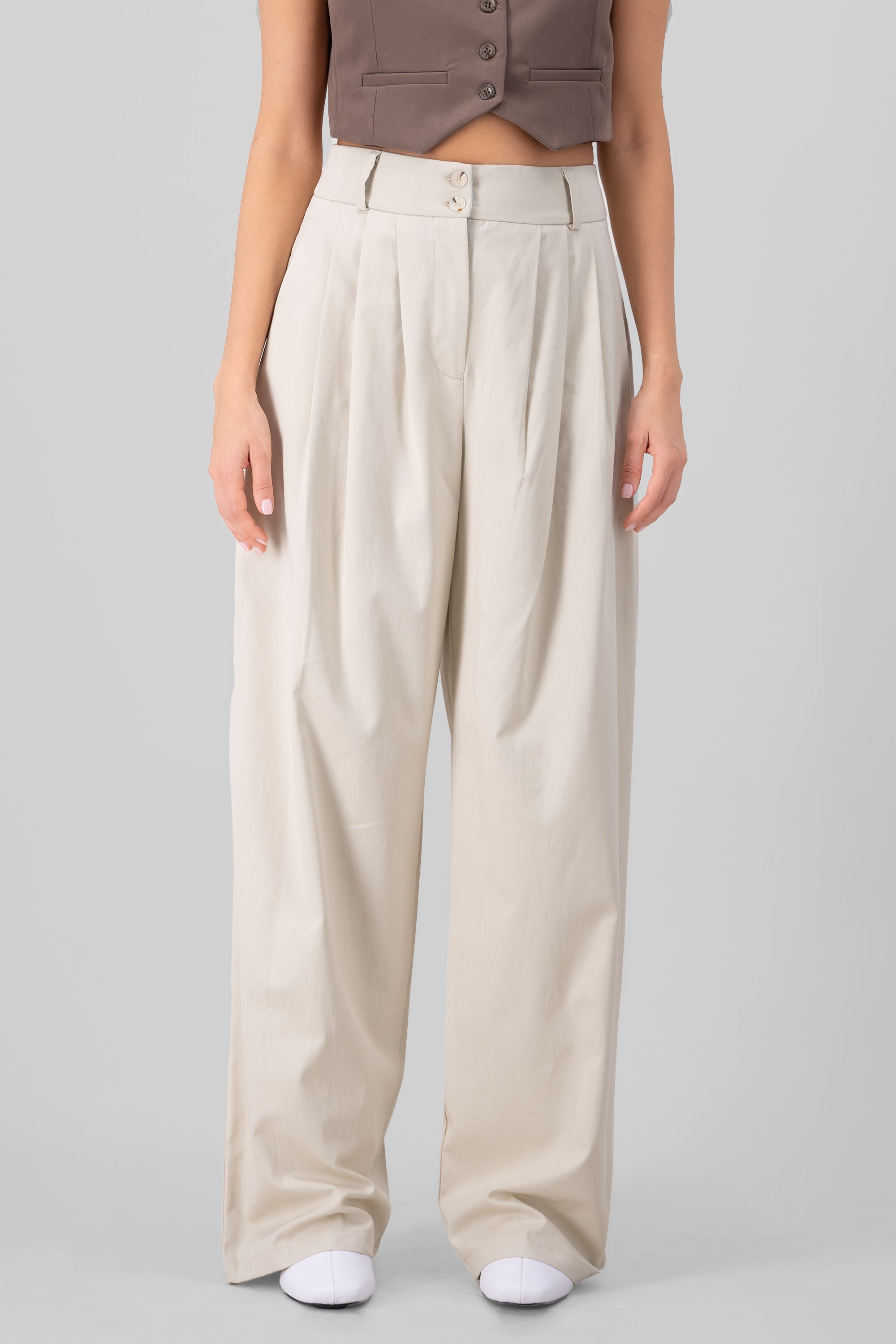 Pantalon con pinzas pretina ancha con 2 botones BEIGE