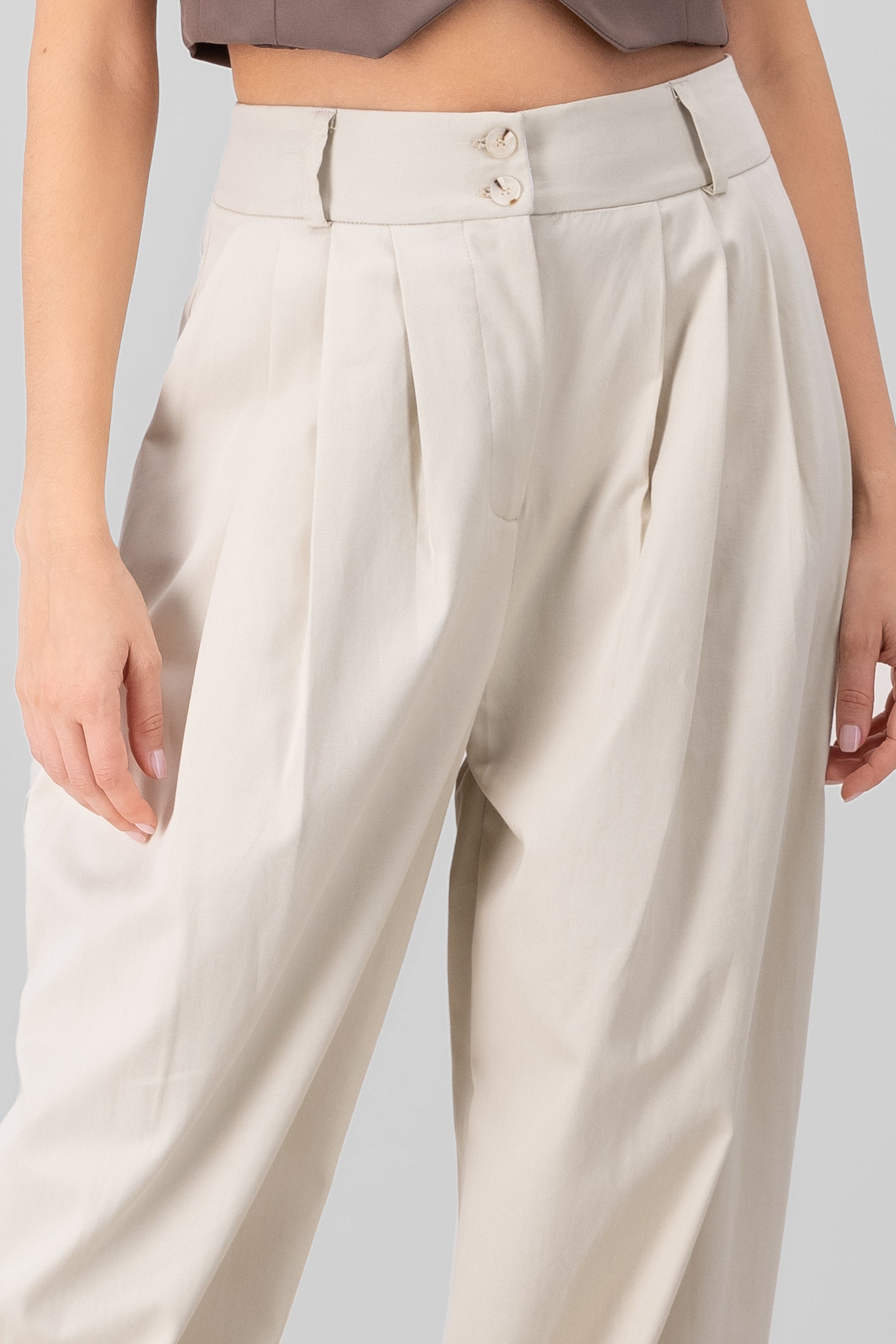 Pantalon con pinzas pretina ancha con 2 botones BEIGE