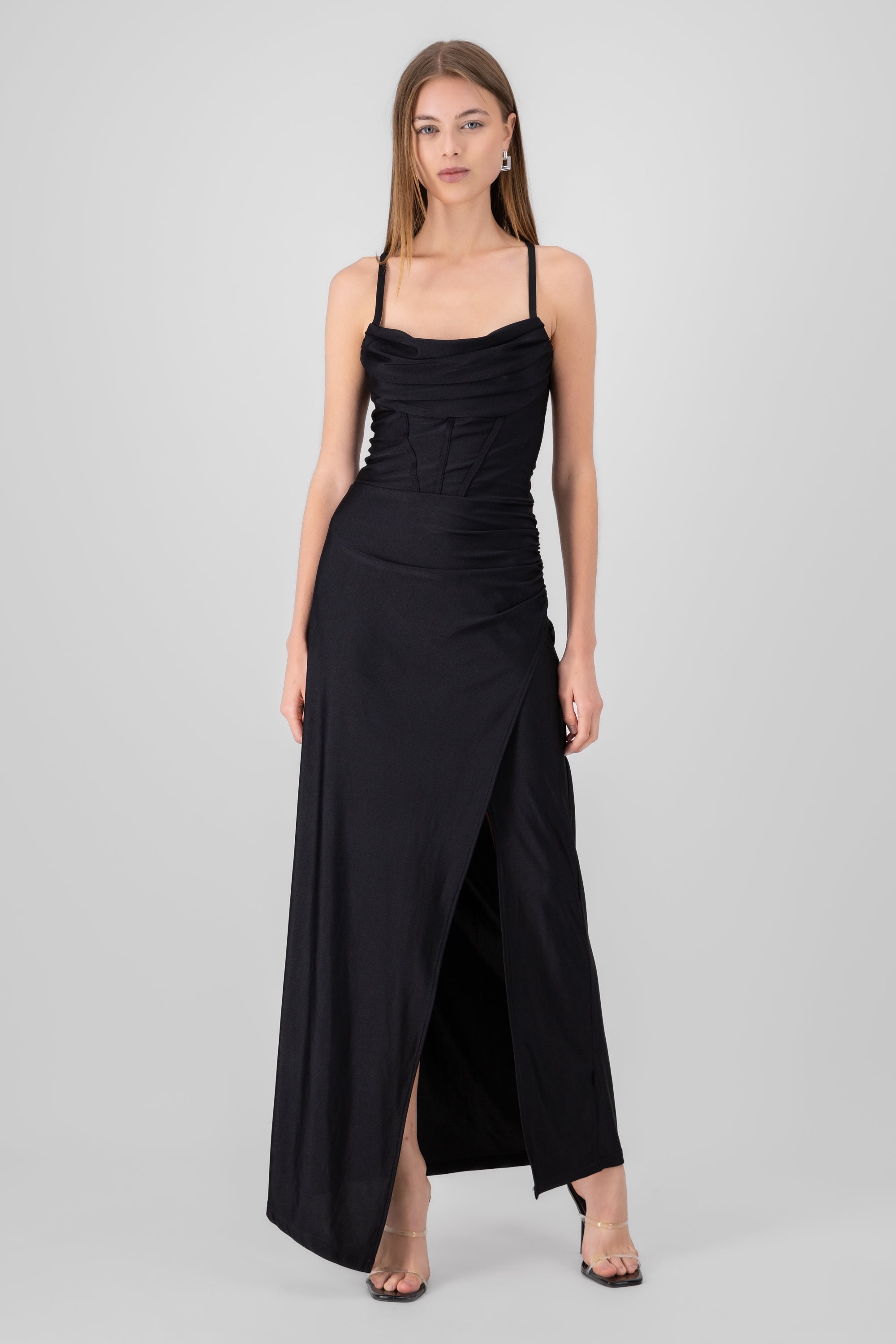 Vestido maxi tirantes drapeado NEGRO