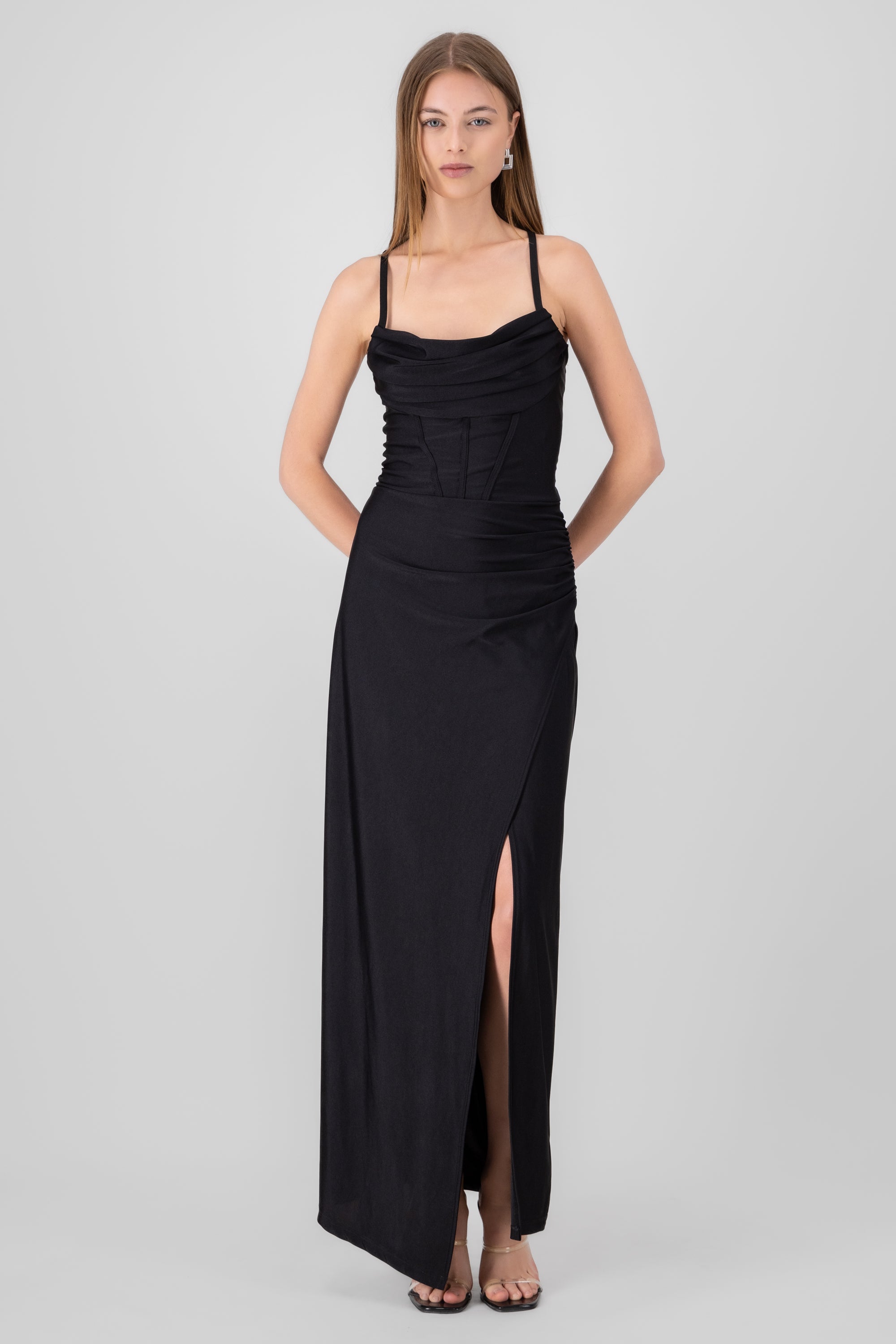 Vestido maxi tirantes drapeado NEGRO