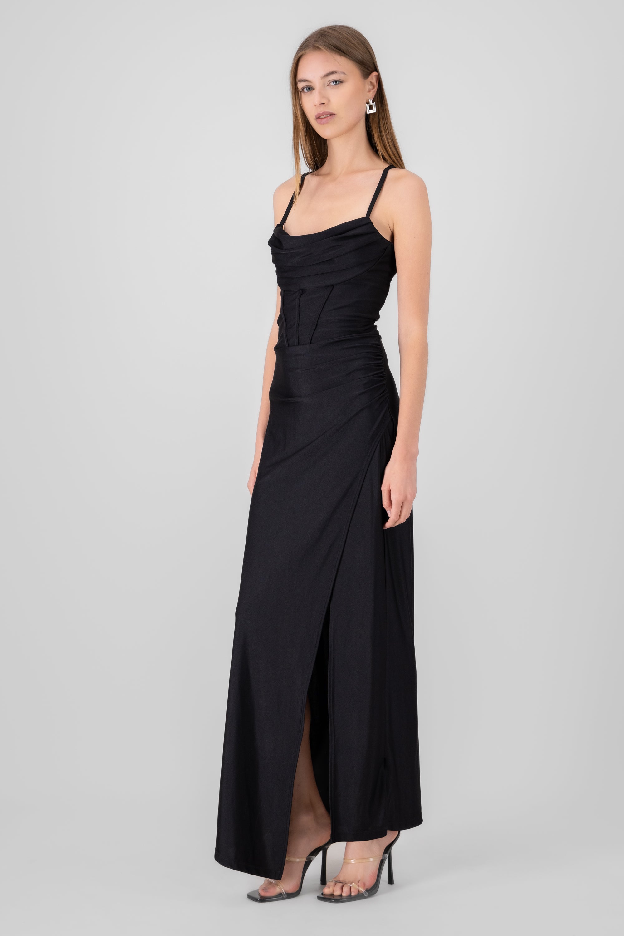 Vestido maxi tirantes drapeado NEGRO