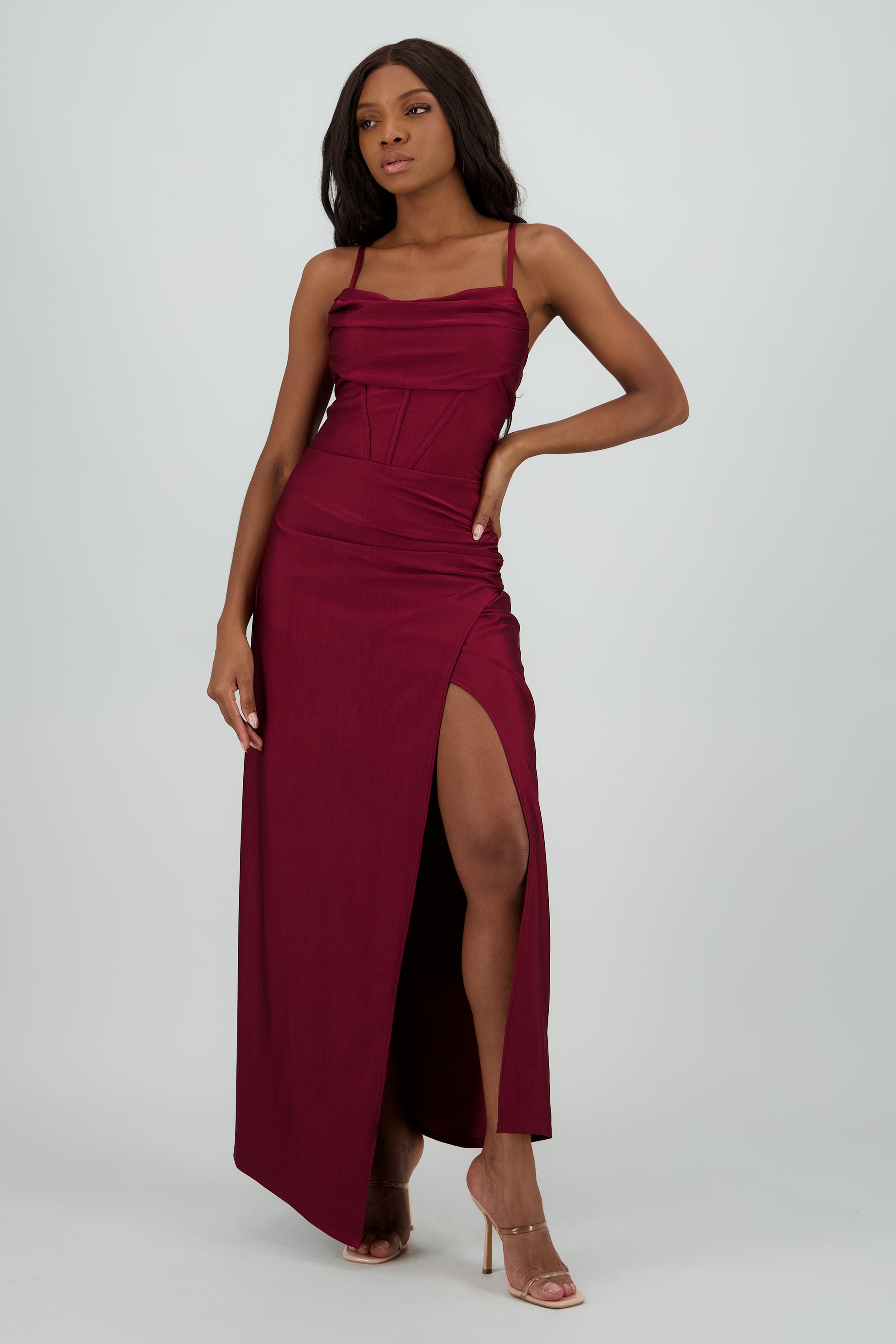 Vestido maxi tirantes drapeado VINO