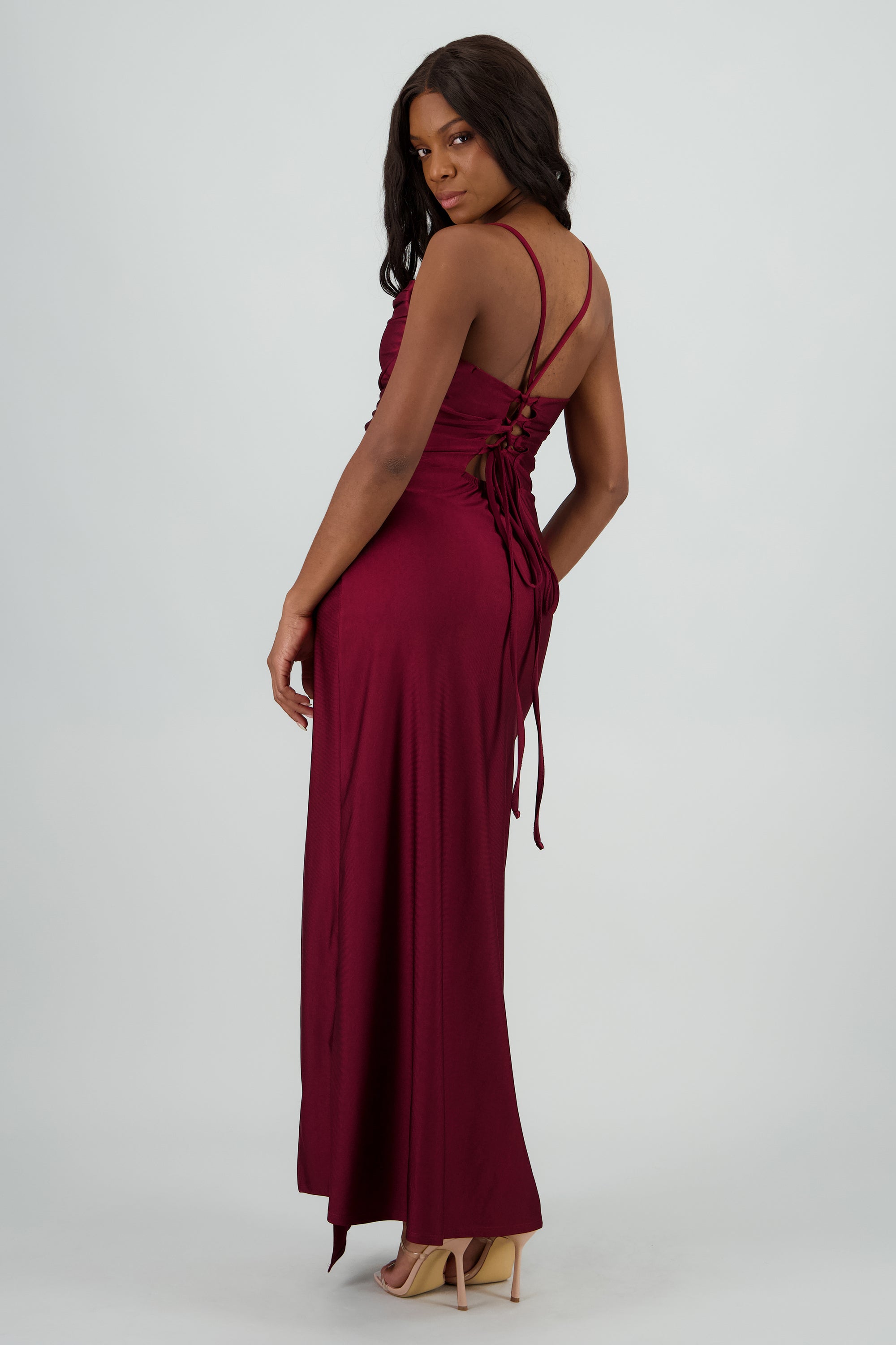 Vestido maxi tirantes drapeado VINO