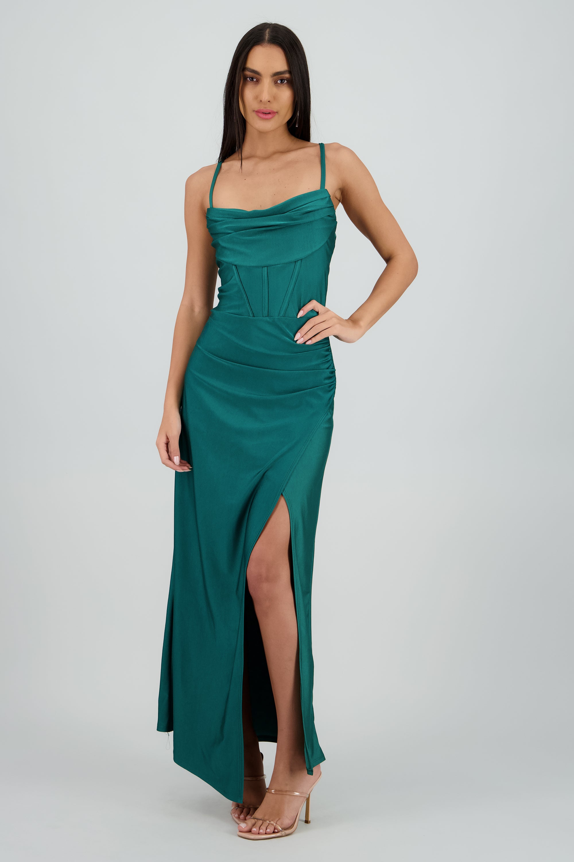 Vestido maxi tirantes drapeado VERDE BOTELLA