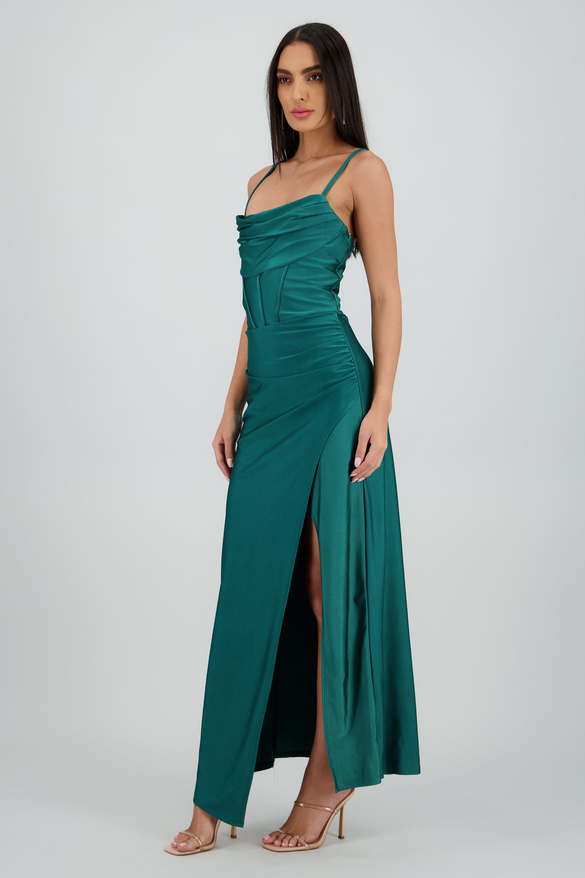 Vestido maxi tirantes drapeado VERDE BOTELLA