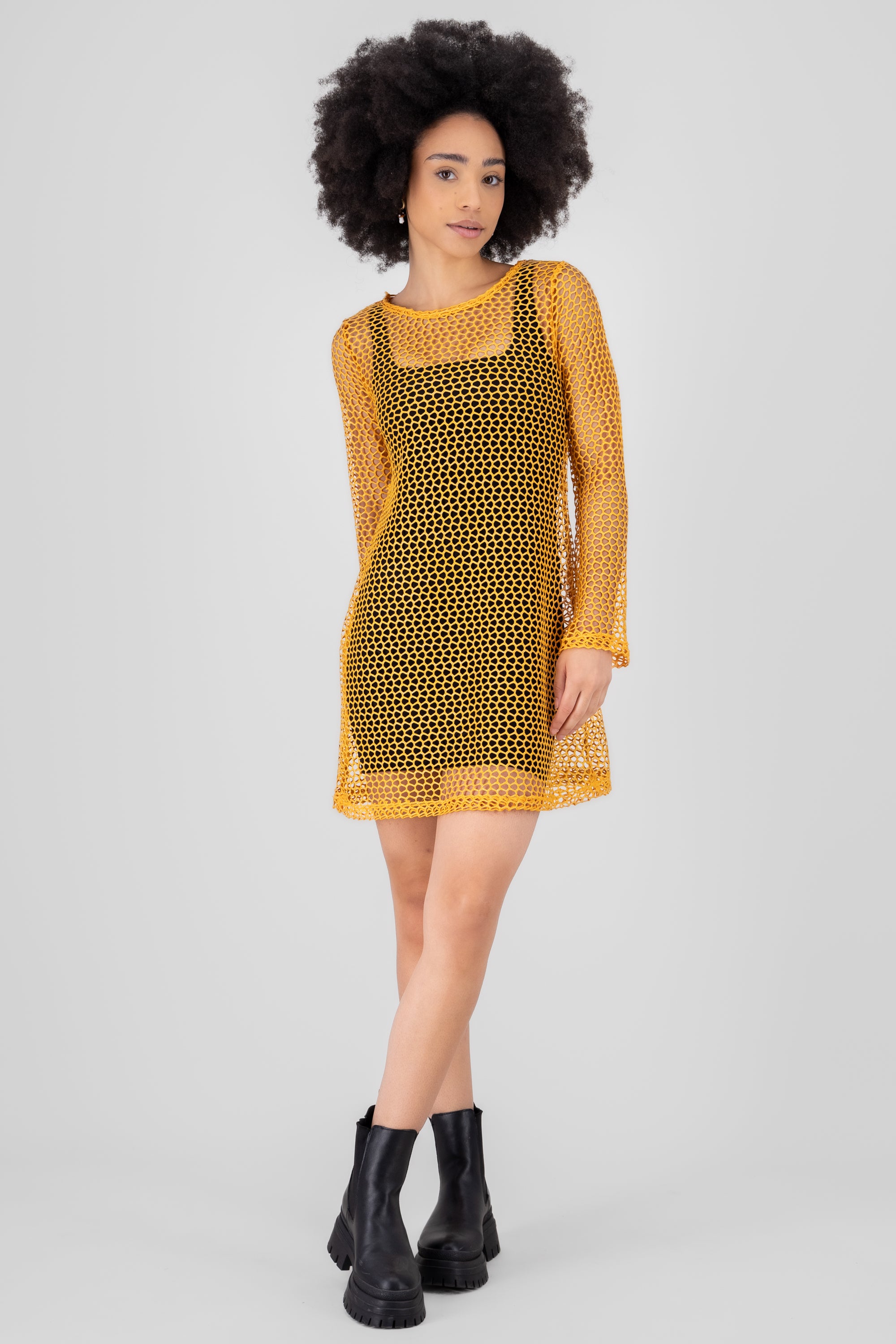 Vestido manga larga de red NARANJA