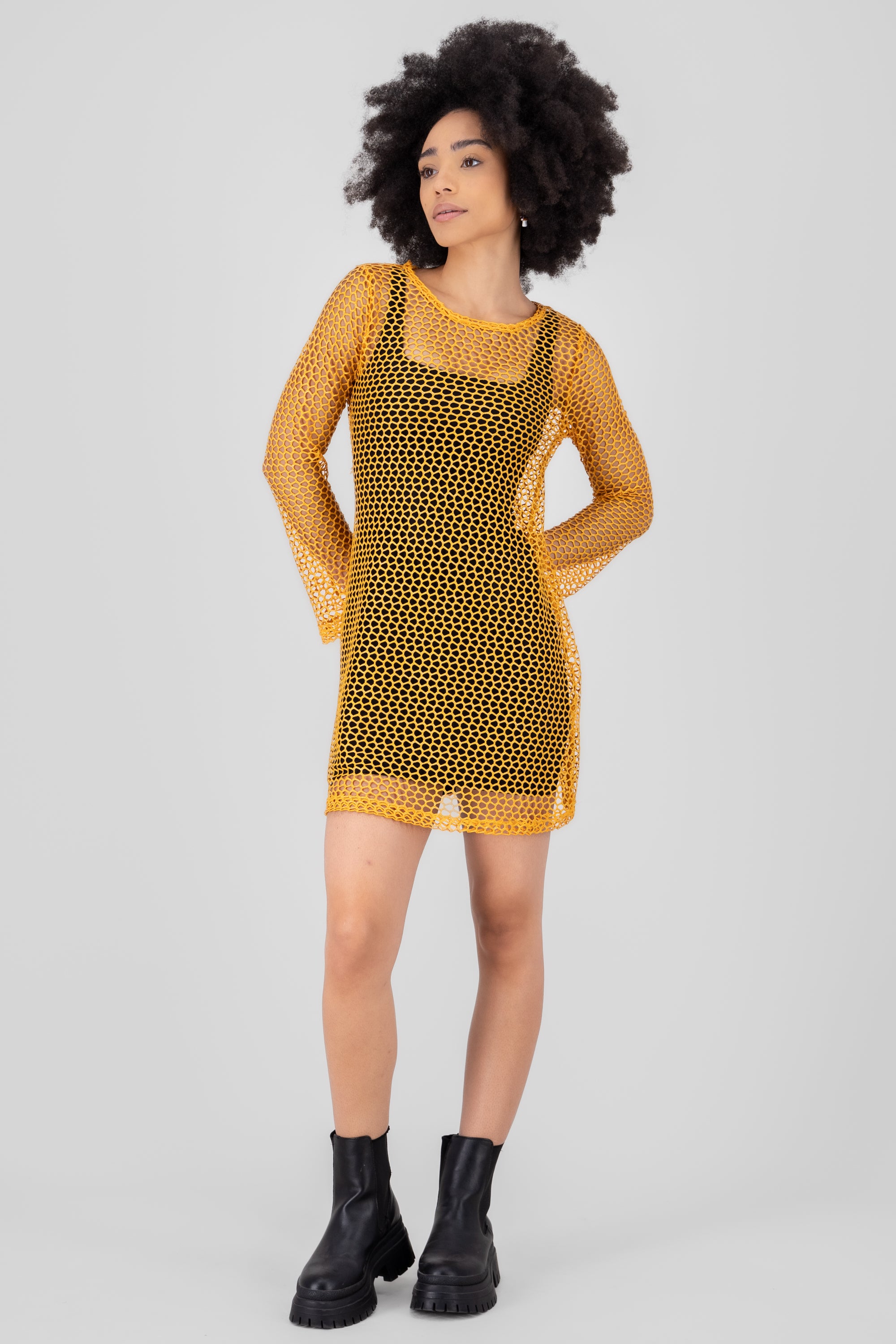Vestido manga larga de red NARANJA
