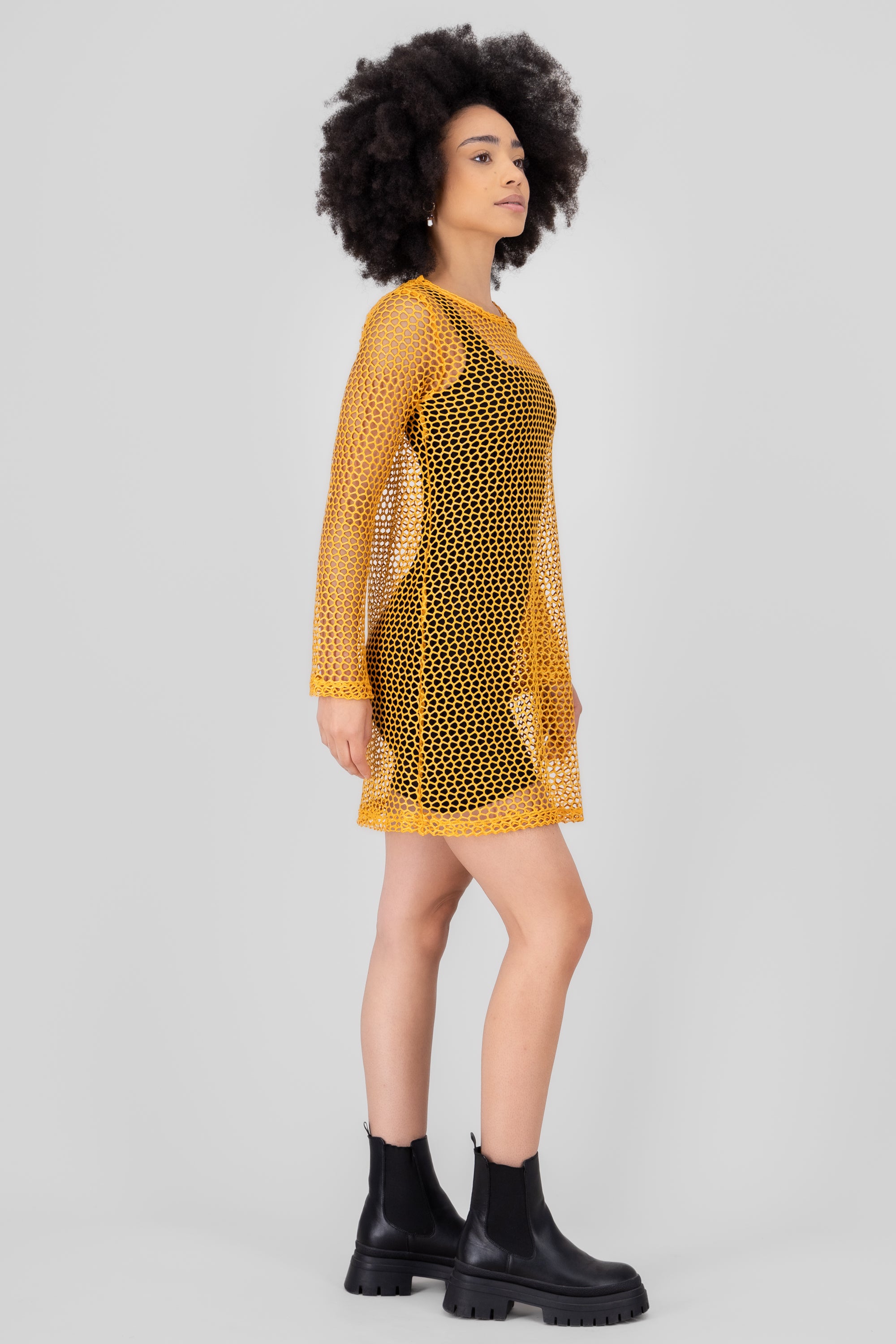 Vestido manga larga de red NARANJA