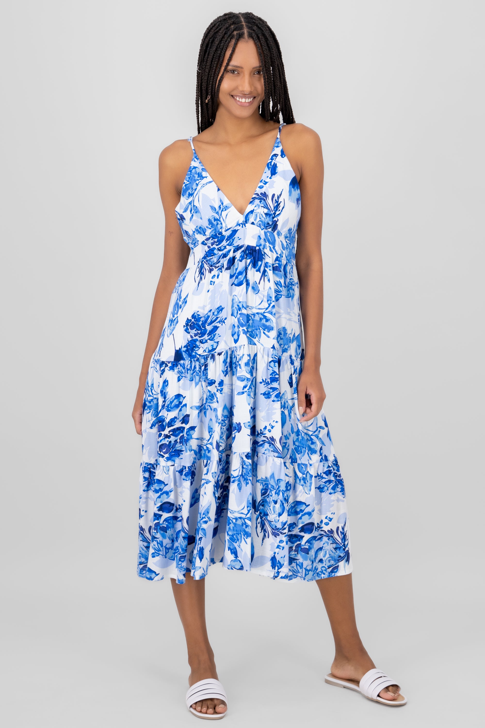 Vestido midi estampado flores AZUL COMBO