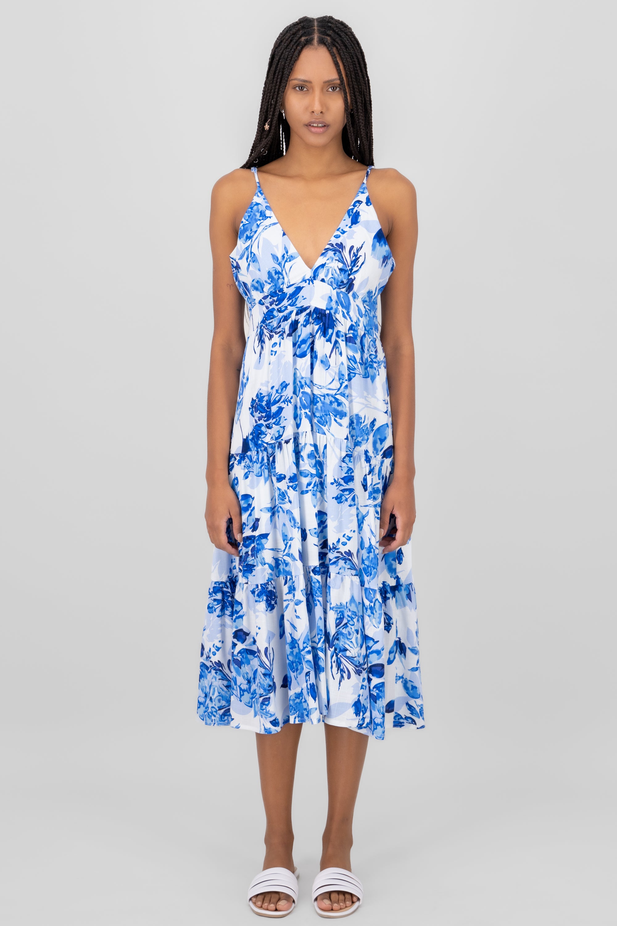 Vestido midi estampado flores AZUL COMBO