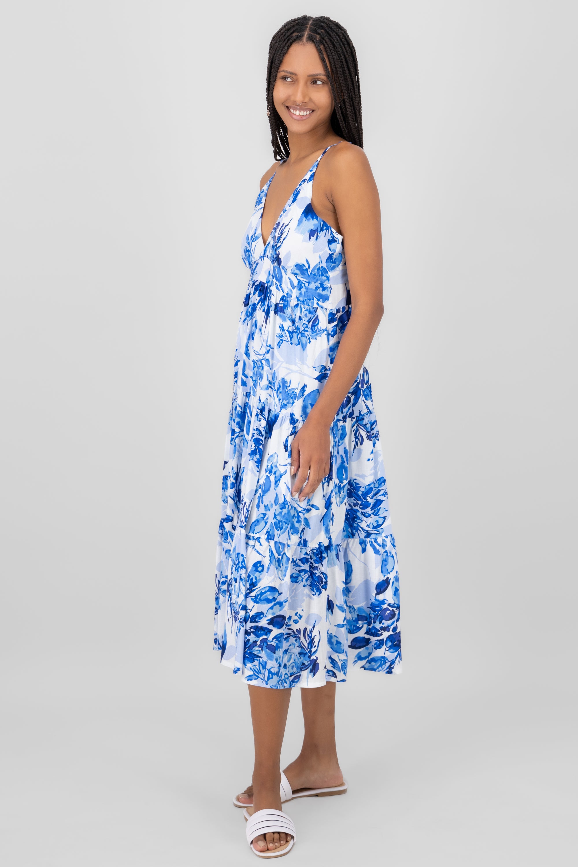 Vestido midi estampado flores AZUL COMBO