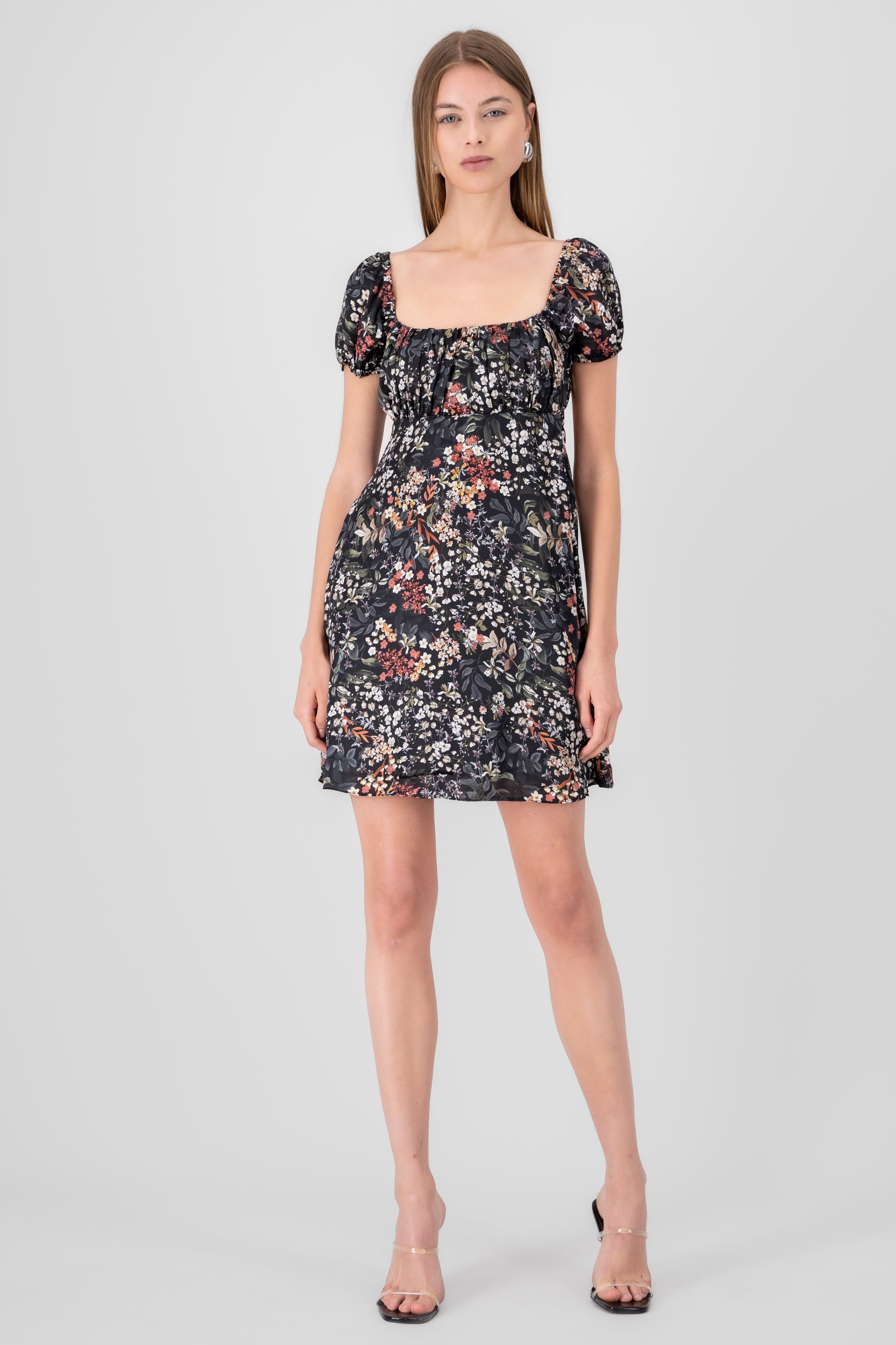 Vestido mini manga abullonada estampado flores NEGRO COMBO