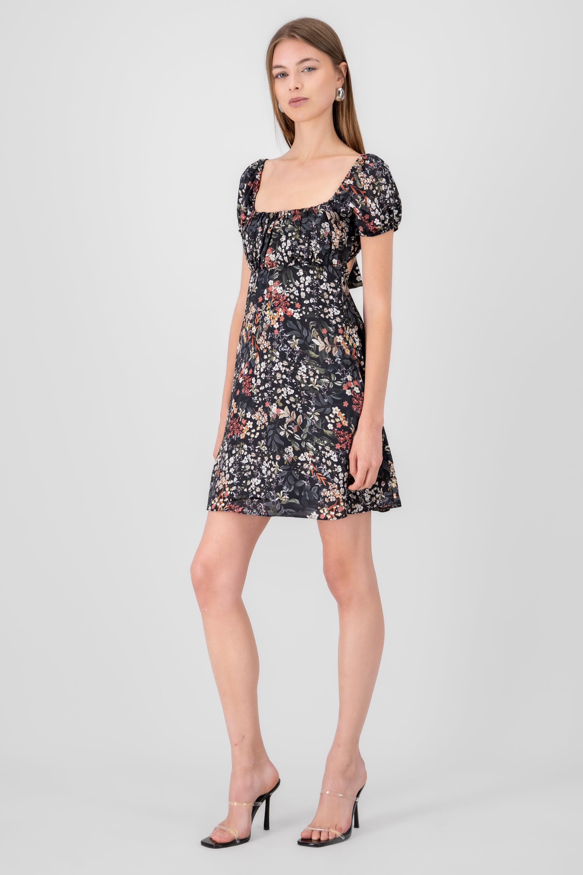 Vestido mini manga abullonada estampado flores NEGRO COMBO