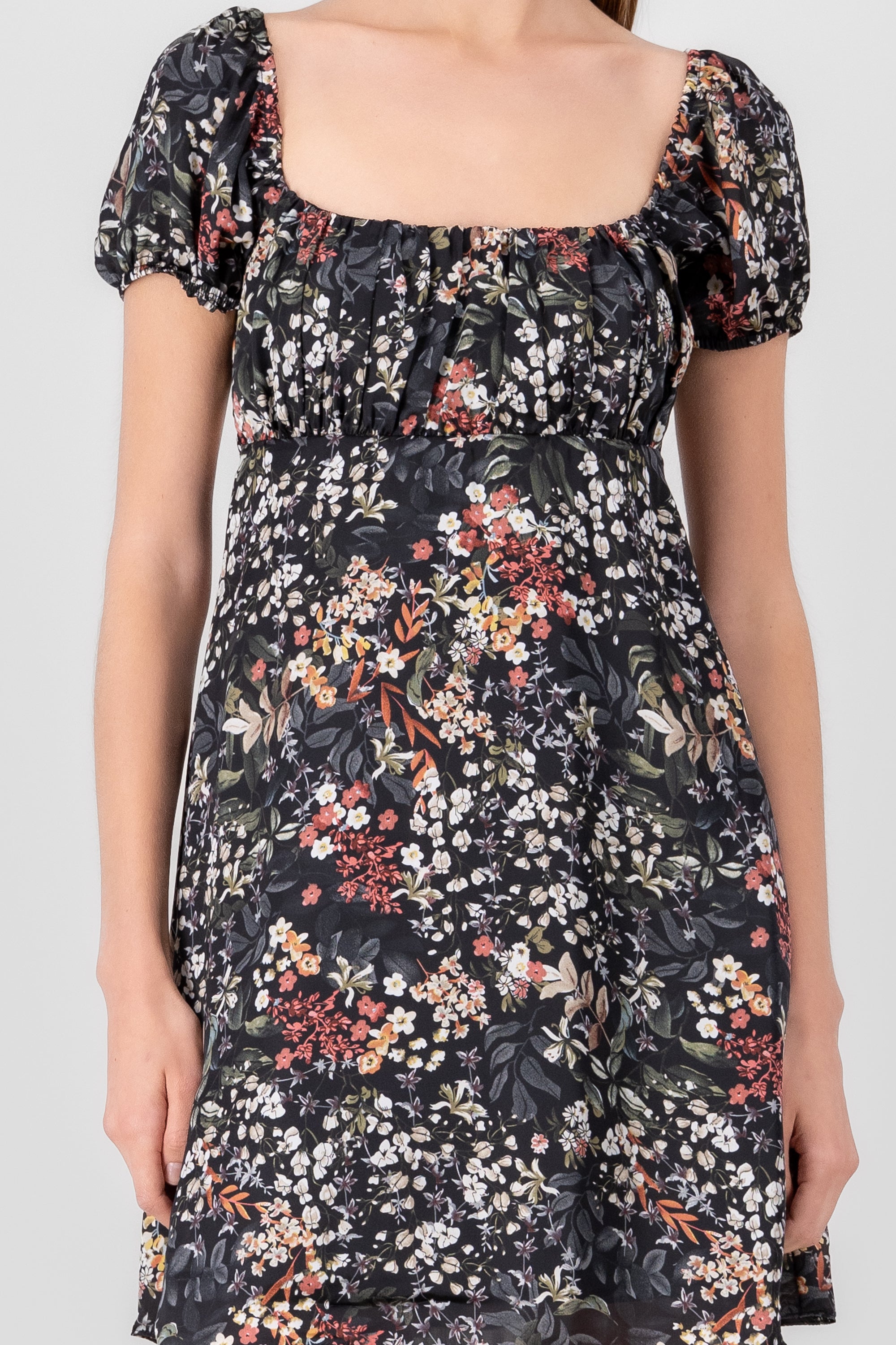 Vestido mini manga abullonada estampado flores NEGRO COMBO