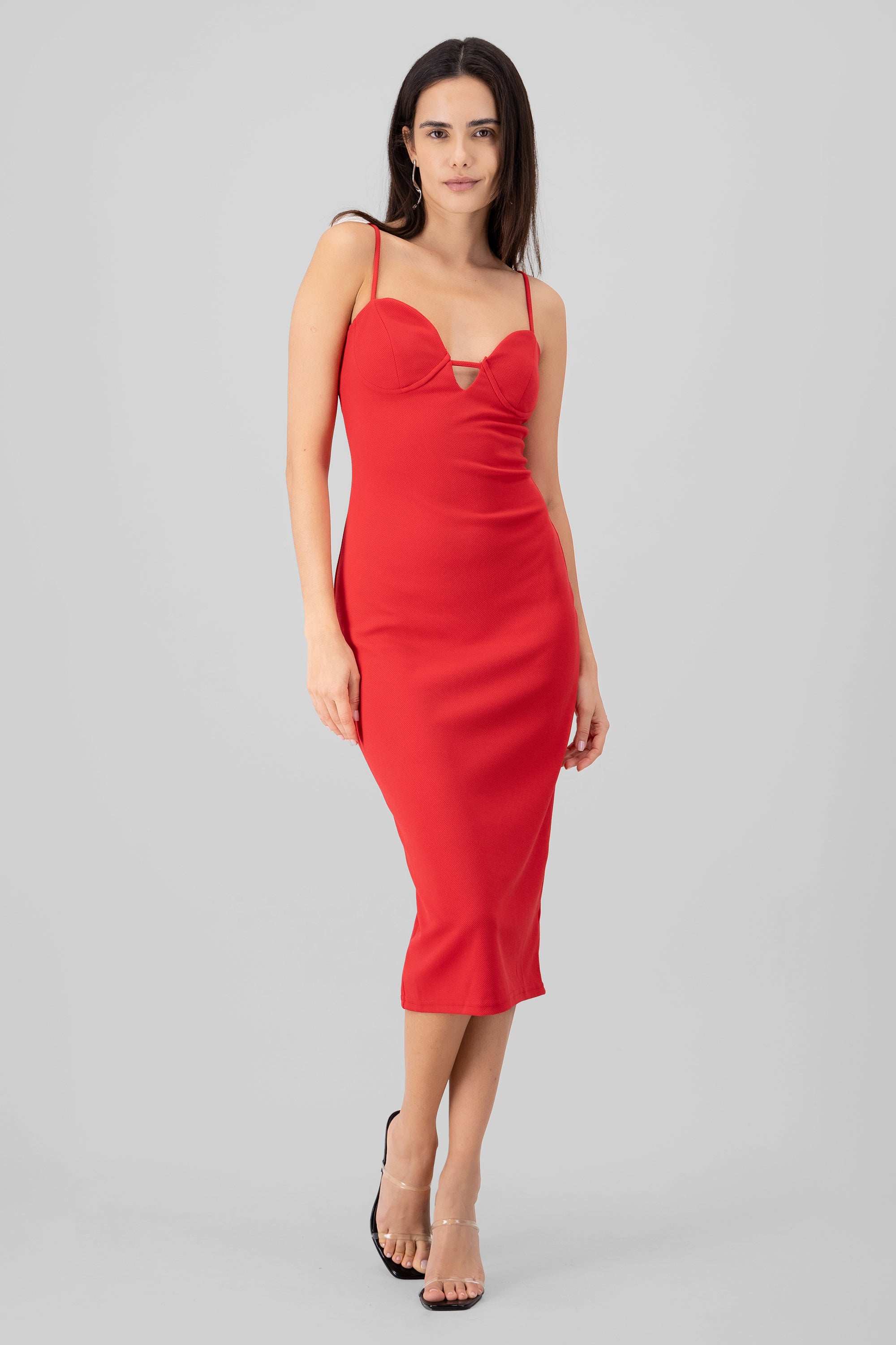 Vestido midi rib con tirantes ROJO