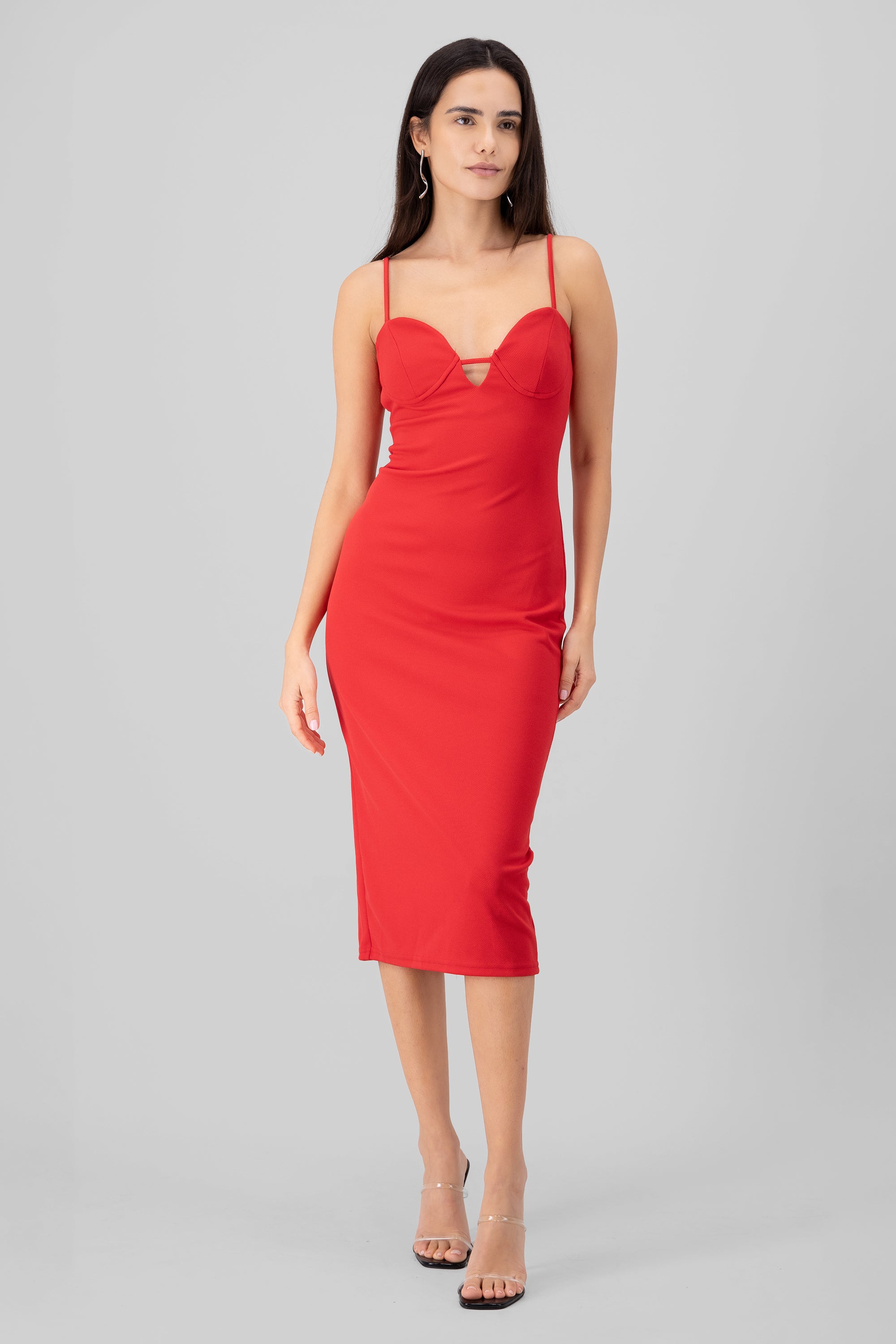 Vestido midi rib con tirantes ROJO