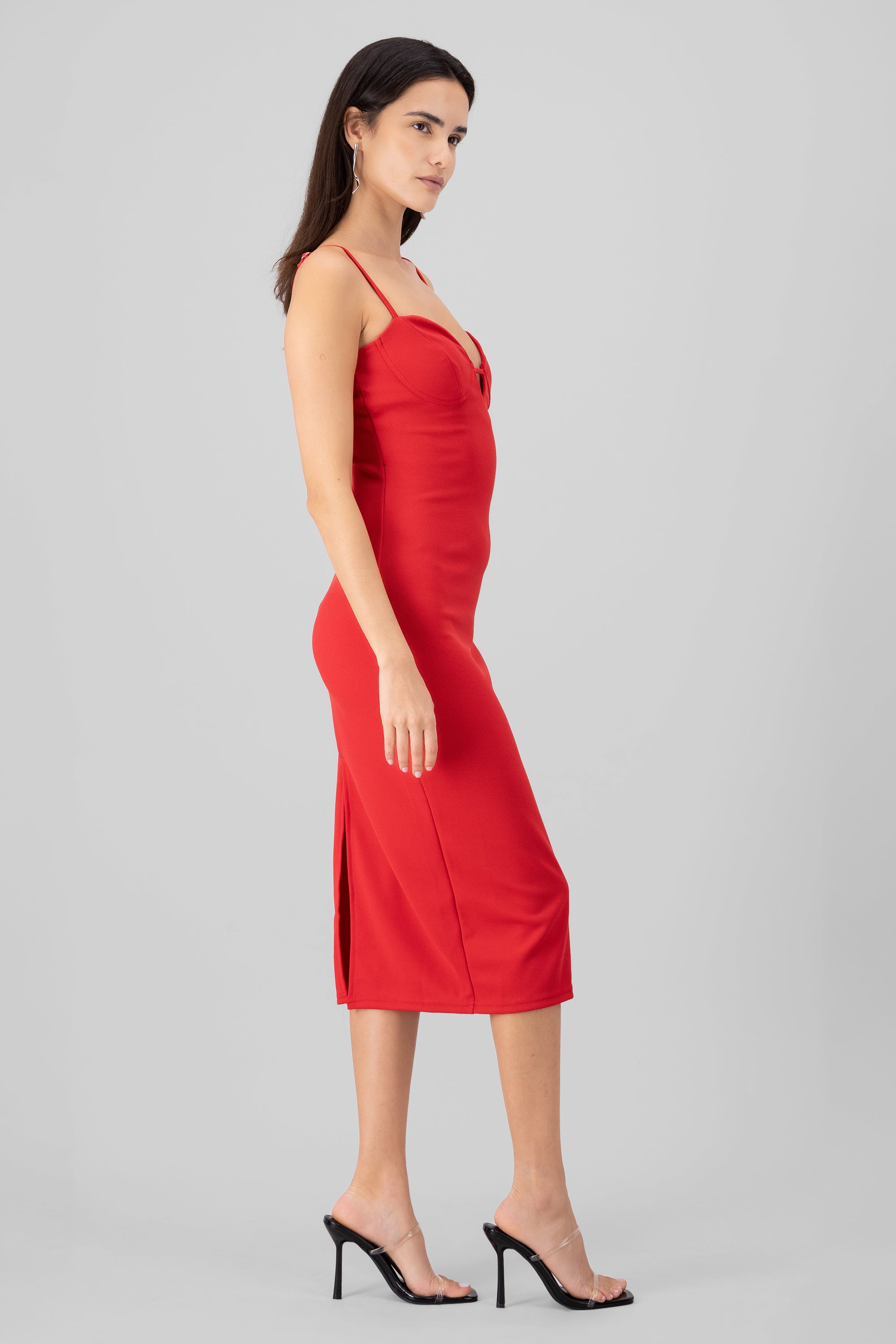 Vestido midi rib con tirantes ROJO