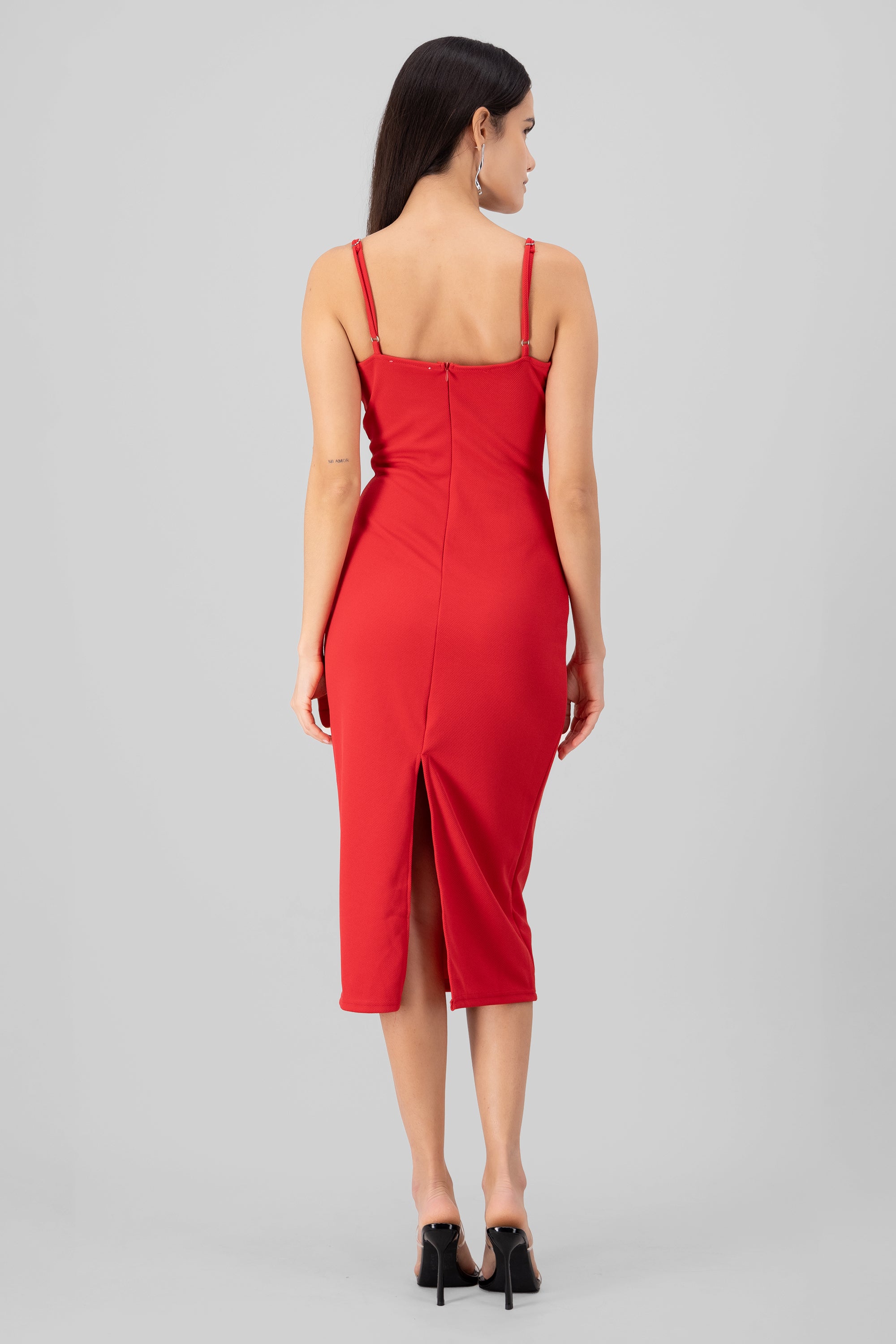 Vestido midi rib con tirantes ROJO