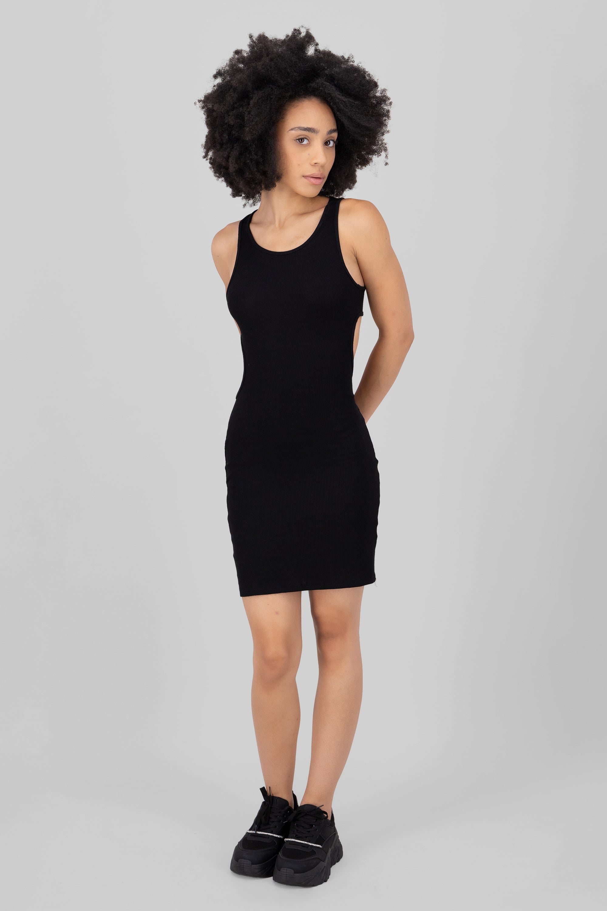 Rib dress with a neck neckline BLACK