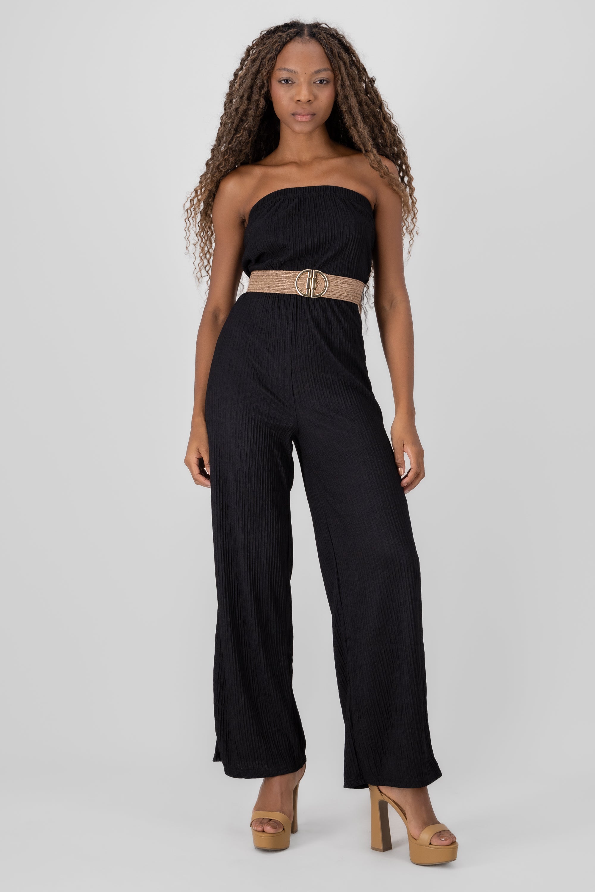 Jumpsuit con cinturon textura NEGRO COMBO