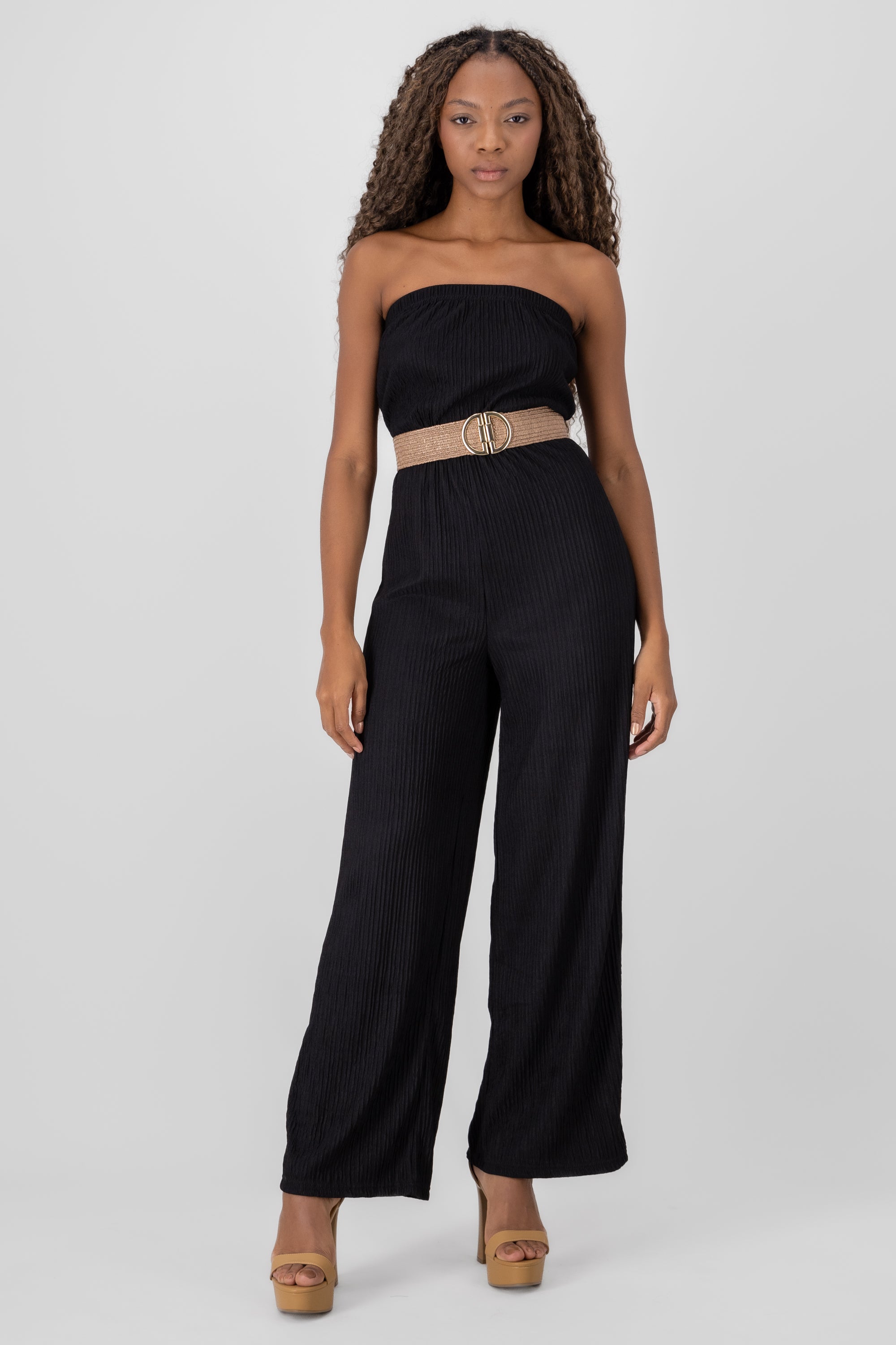 Jumpsuit con cinturon textura NEGRO COMBO