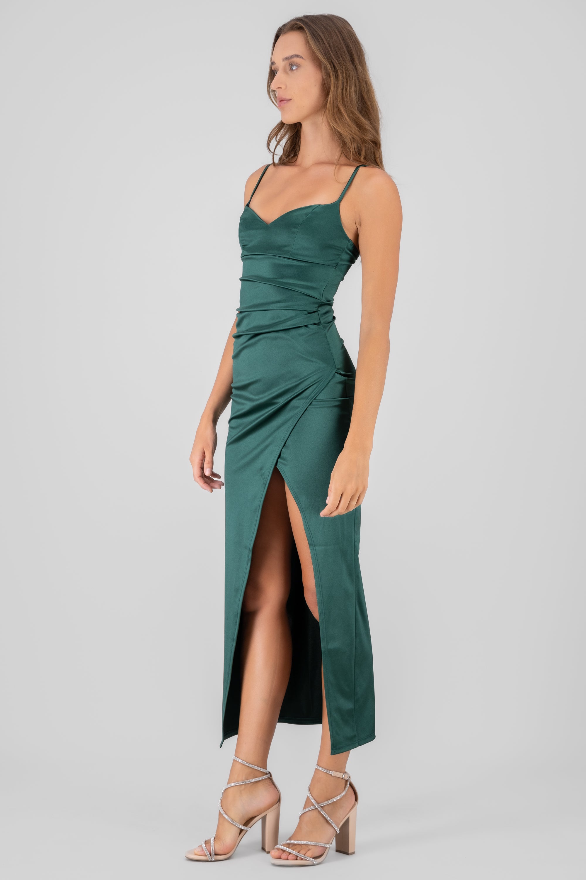 Vestido maxi liso satin VERDE CAZADOR