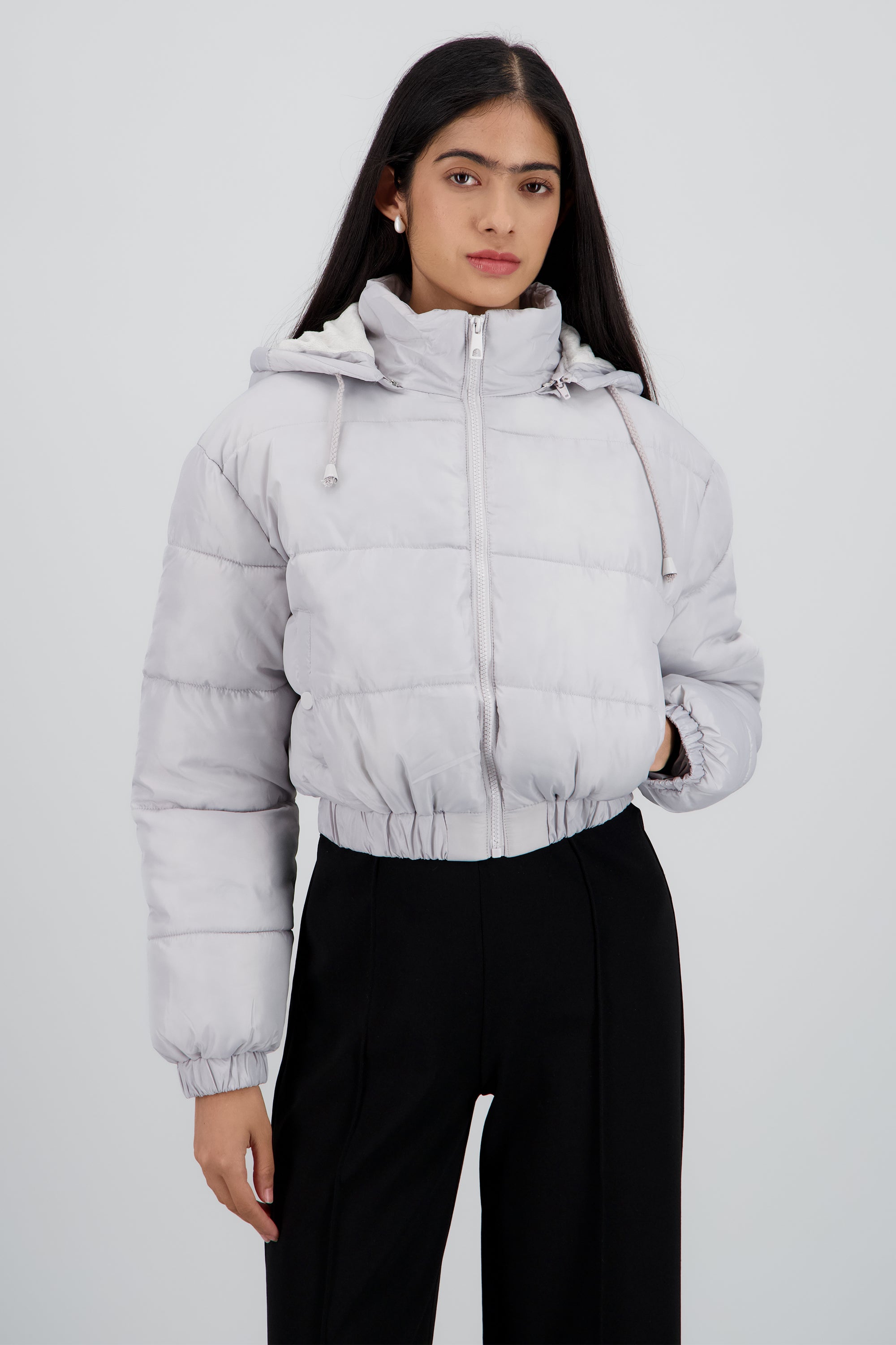 Chamarra puffer gorro GRIS CLARO