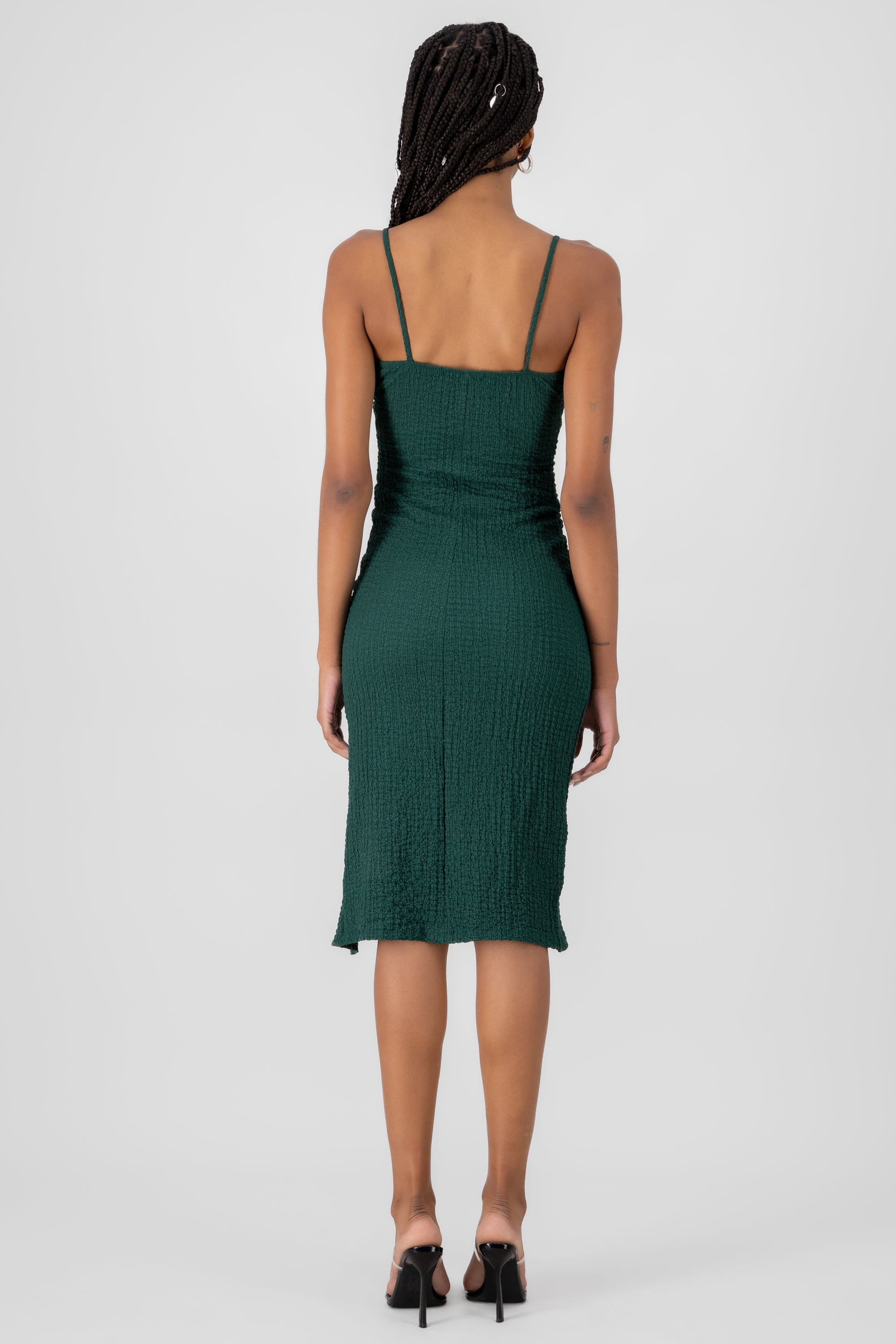 Vestido con copas de textura y abertura VERDE CAZADOR