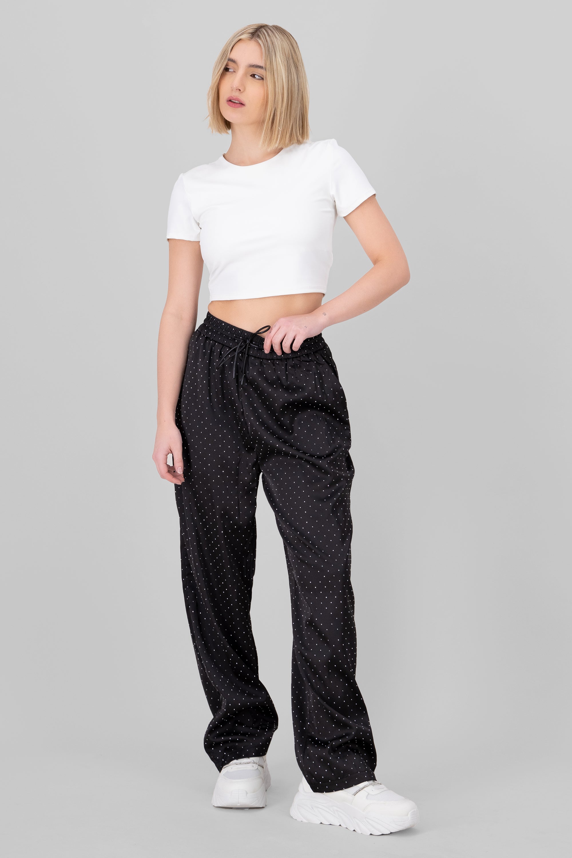 Satin Rhinestones pants BLACK
