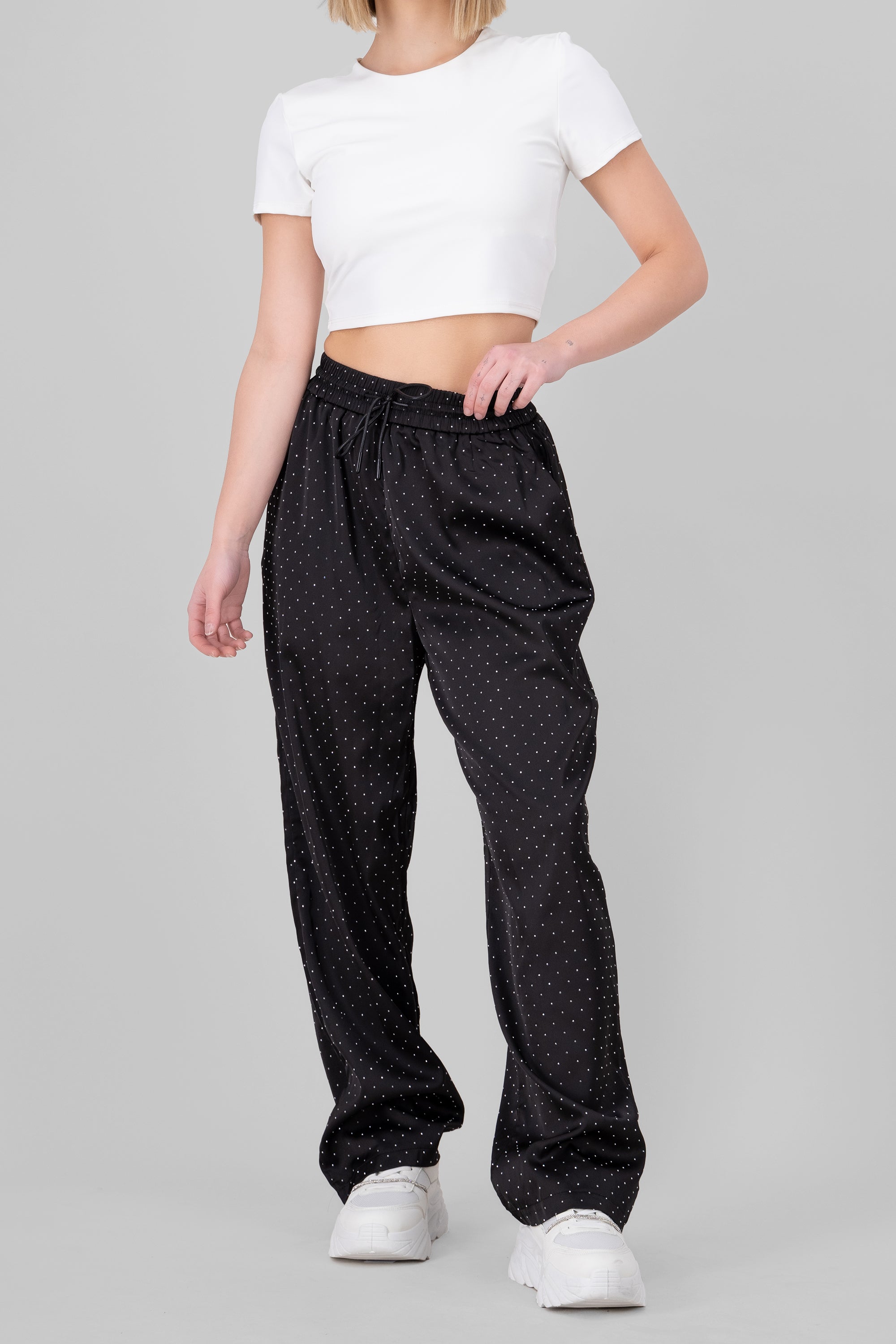 Satin Rhinestones pants BLACK