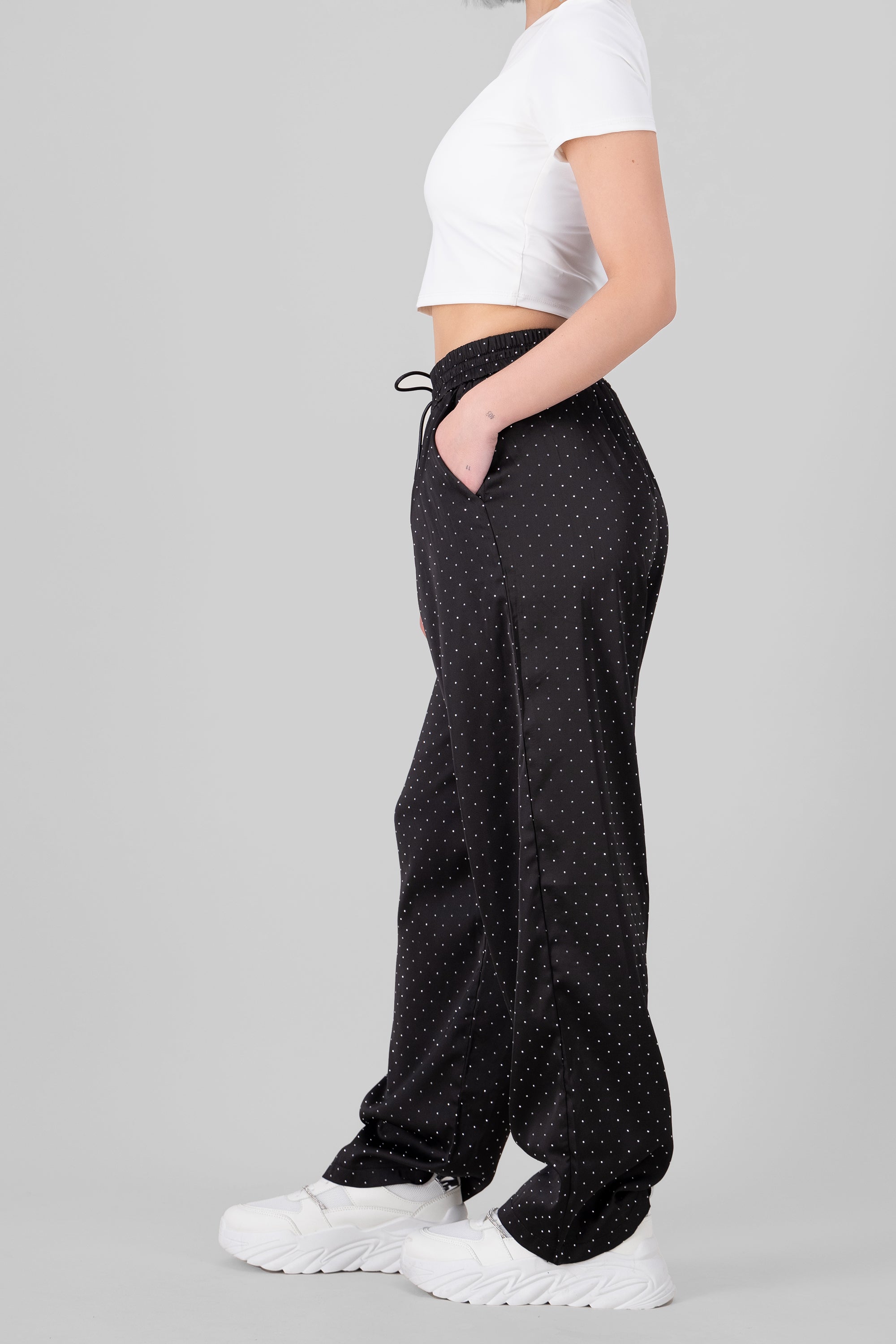 Satin Rhinestones pants BLACK