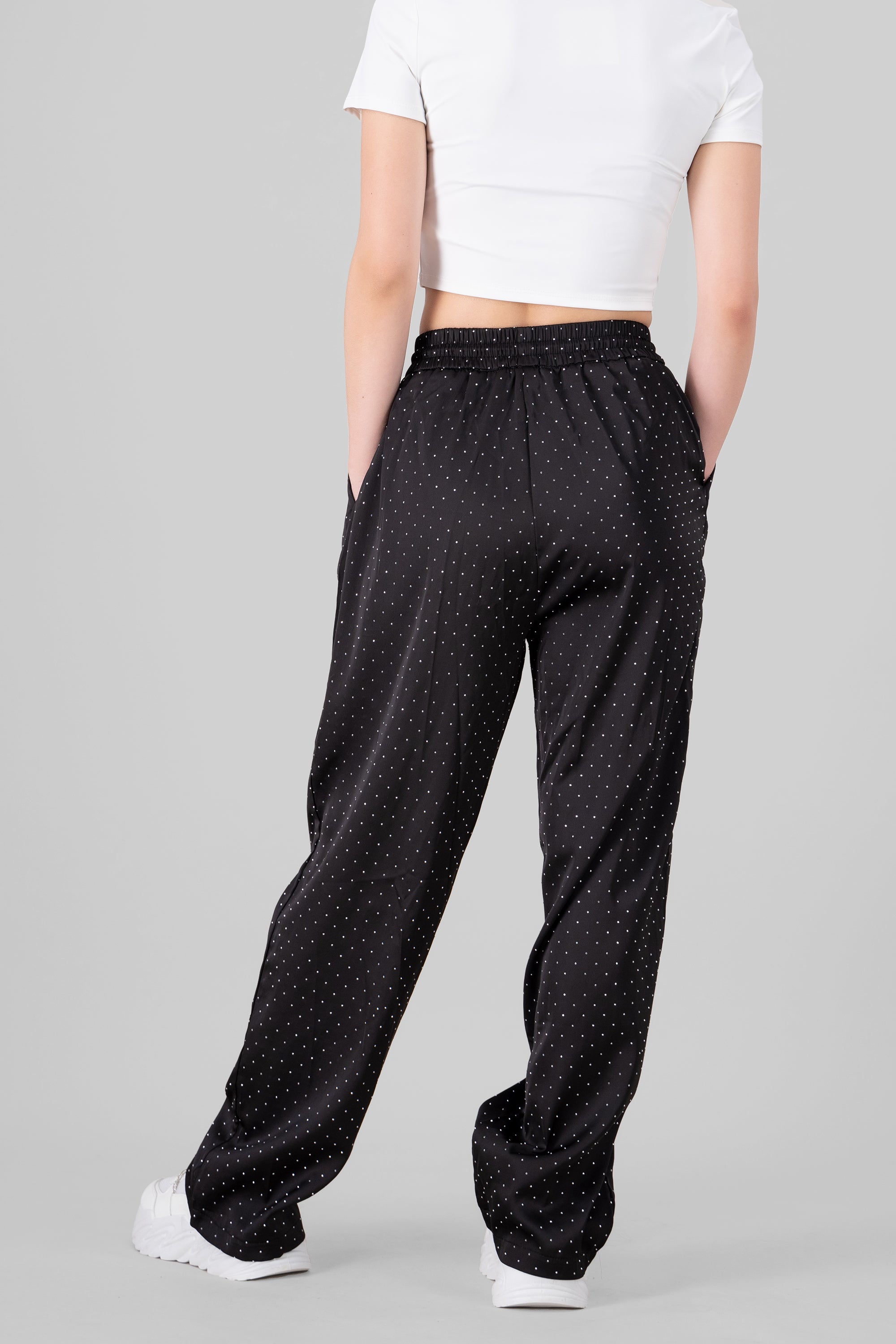 Satin Rhinestones pants BLACK