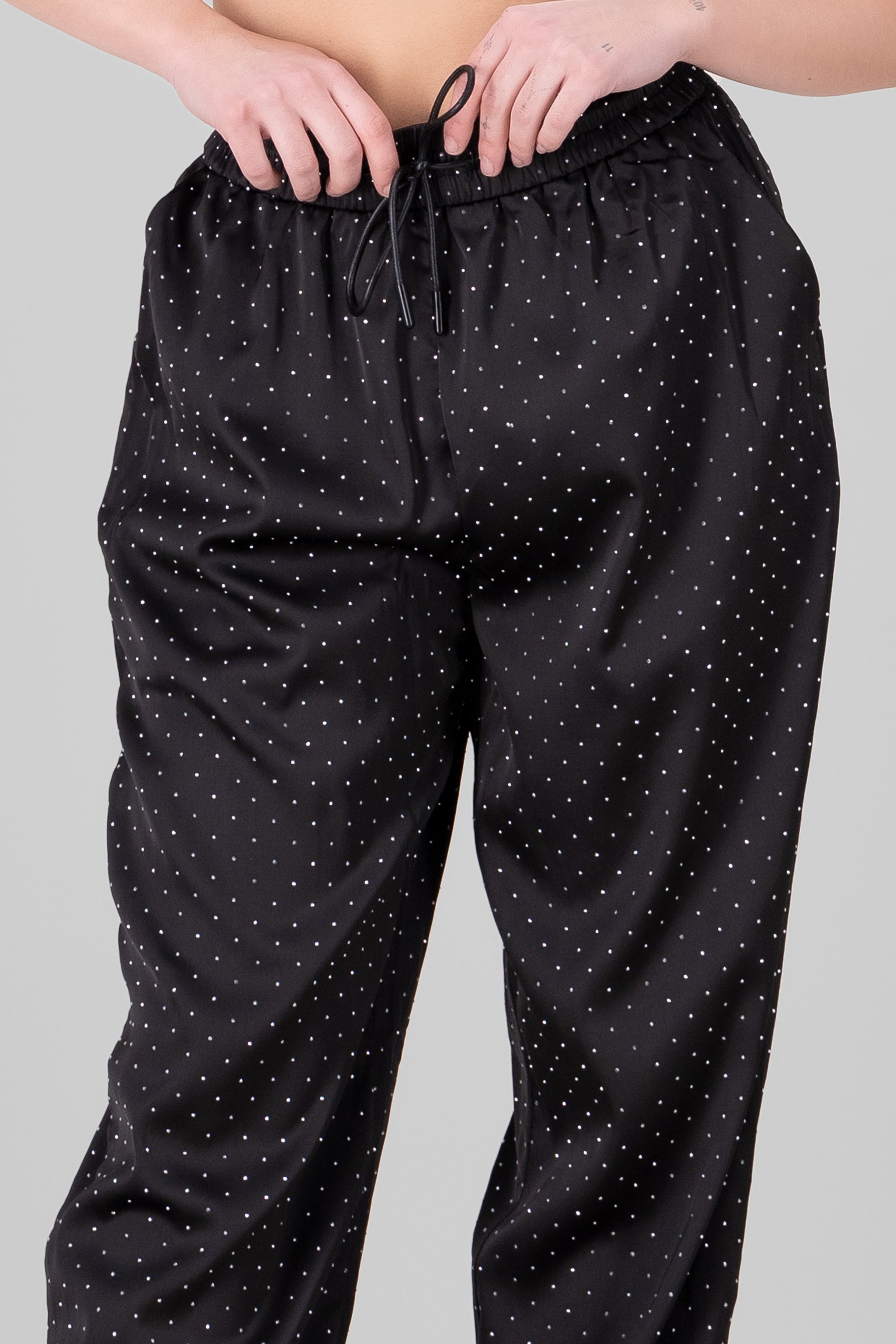Satin Rhinestones pants BLACK