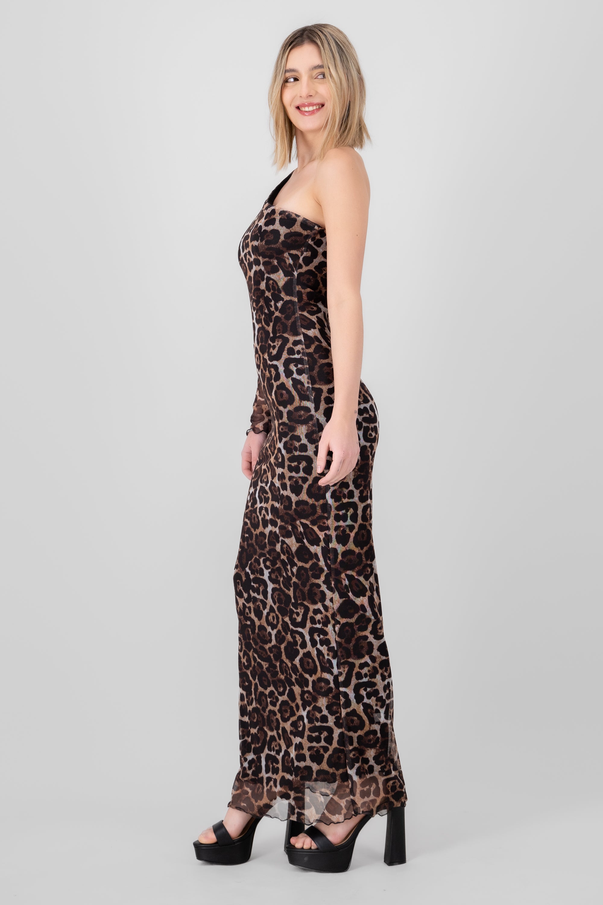 Vestido una manga animal print CAFE COMBO