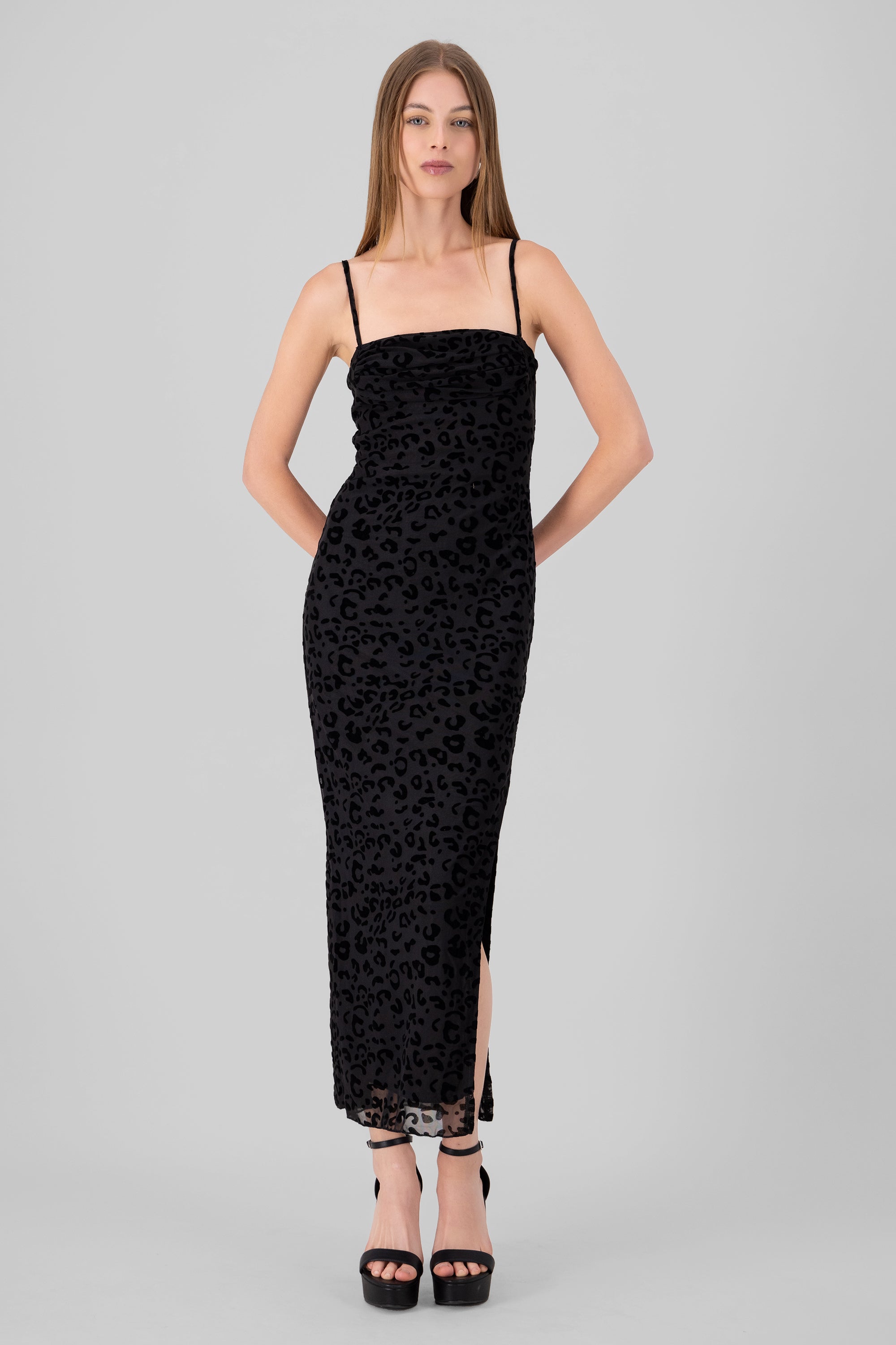 Maxi Leopardo Mesh Flock dress BLACK