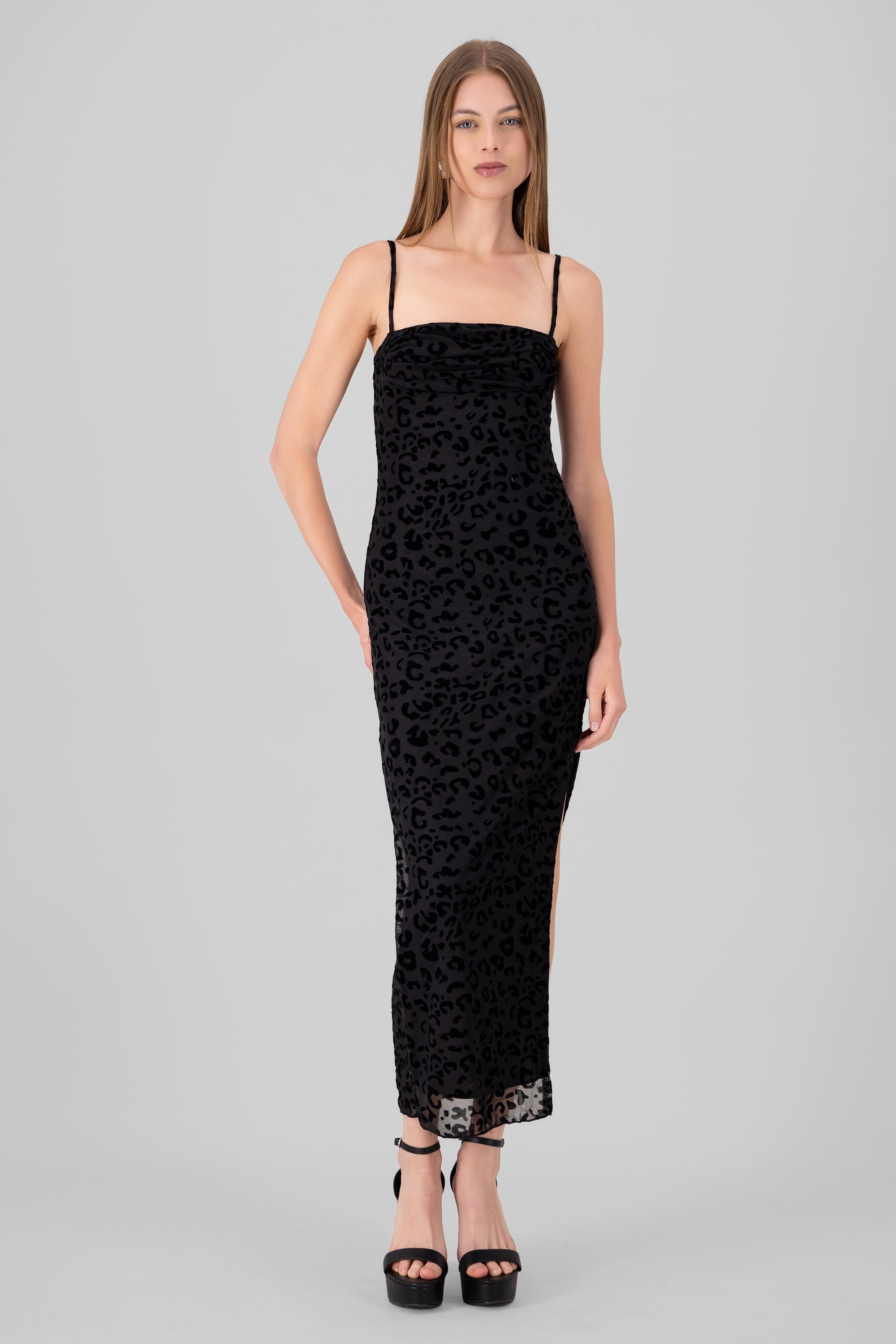 Maxi Leopardo Mesh Flock dress BLACK