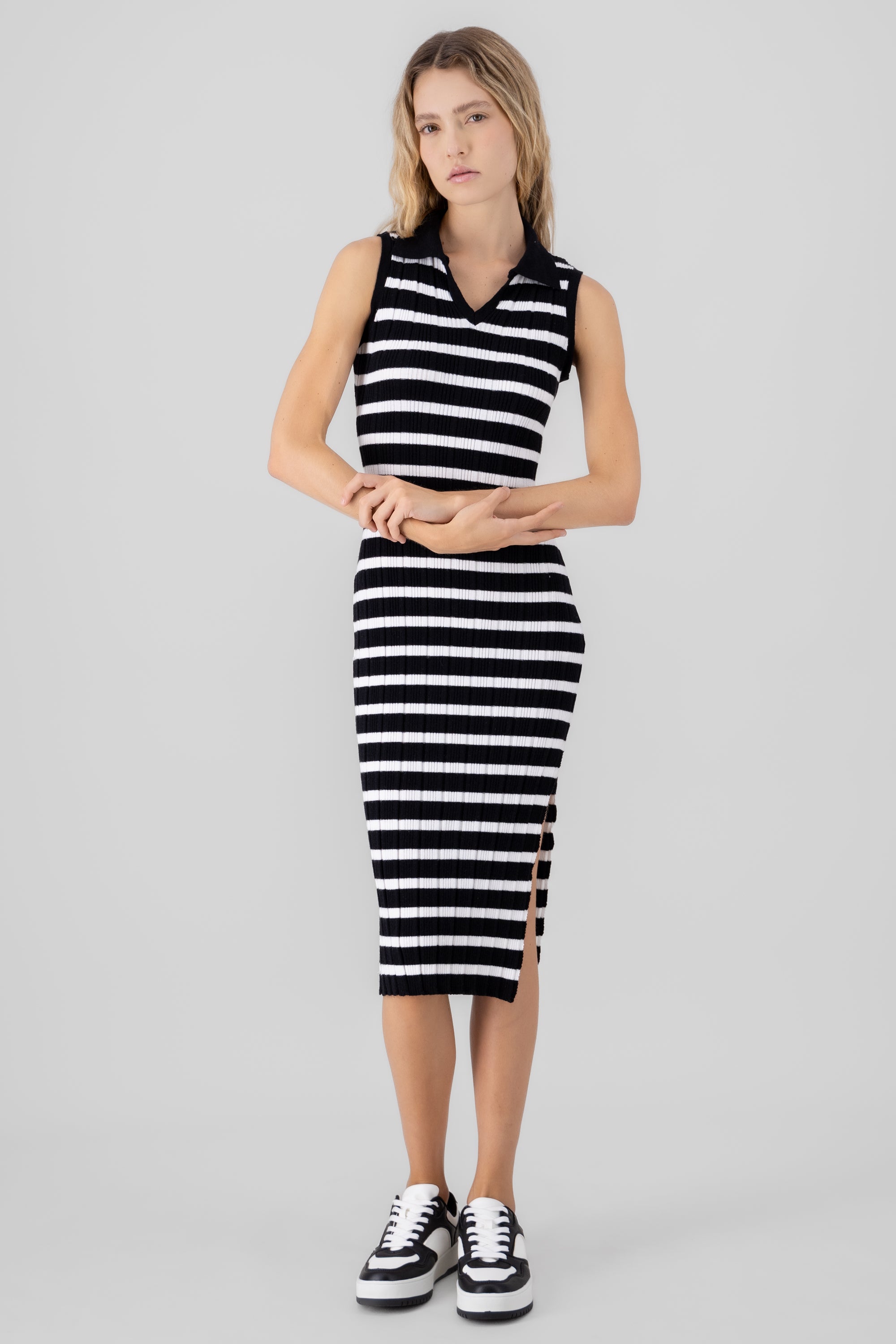 Woven striped dress Black Combo